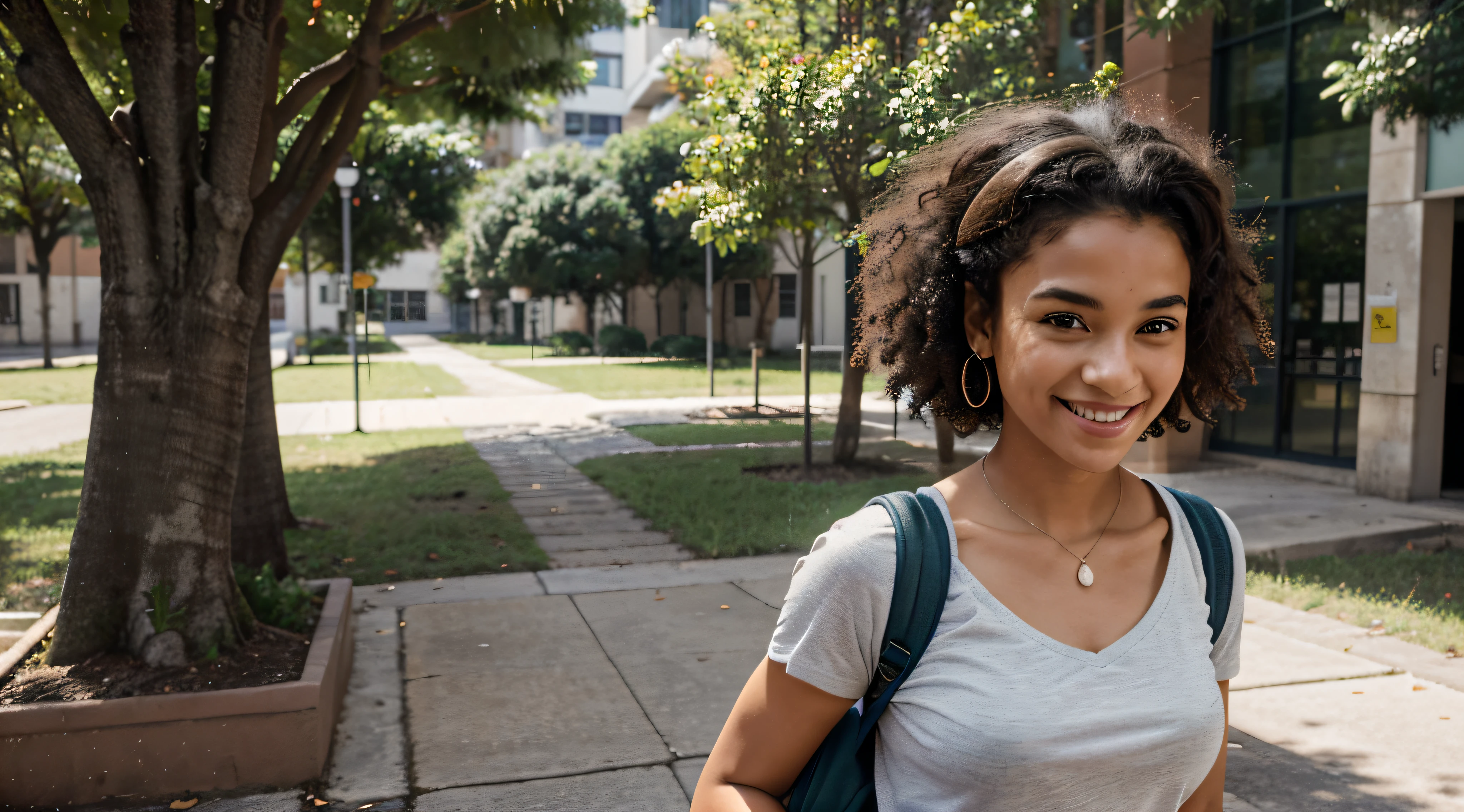 Generate an image of a Brazilian student happily strolling through a busy university campus. she is tall and slender, com um penteado afro marcante que exala um senso de individualidade. Her captivating light brown eyes sparkle with determination and curiosity. She's dressed in a loose, blusa verde, uma cor que complementa seu sorriso radiante. She wears a practical student backpack on her back, symbolizing your academic dedication. Enquanto ela caminha, She carries a stack of graphite-covered books in one hand, showcasing your passion for literature, And she holds a modern set of wireless earbuds around her neck. This distinguished student embodies the spirit of a cheerful, Estudante apaixonada por livros com seu penteado afro, as you confidently navigate the lively atmosphere of the university campus.