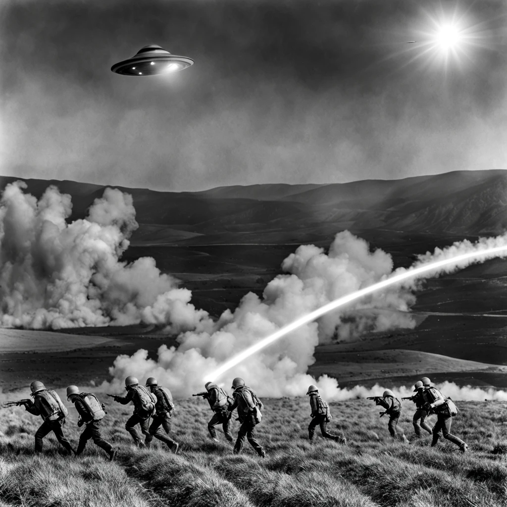 soldiers run towards a large object in a field with smoke, ufo attack, aliens invading earth, dogfighting a ufo with lasers, ufology, retro sci - fi picture, ufo aliens, ufo landing, ufos, ufo abduction, war of the worlds, alien abduction, war photo, alien invasion, vintage scifi, unpublished photo of ufo, ufo