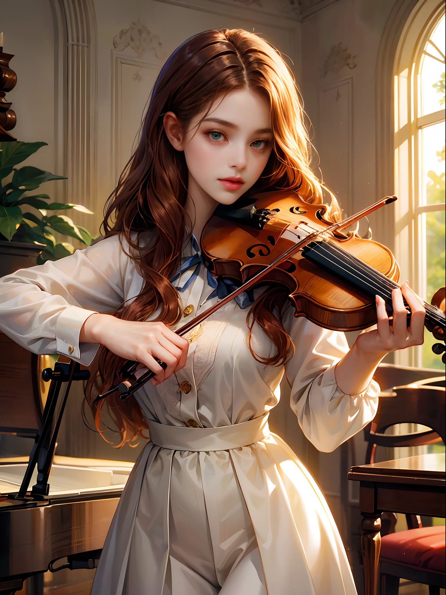 A girl, mahogany-colored hair , medium length hair, wavy hair, no bangs, green eyes. Shirt school uniform, a beautiful girl, detailed eyes, detailed face, detailed hands, looking at the viewer. She's playing violin correctly. She's standing. Background music conservatory