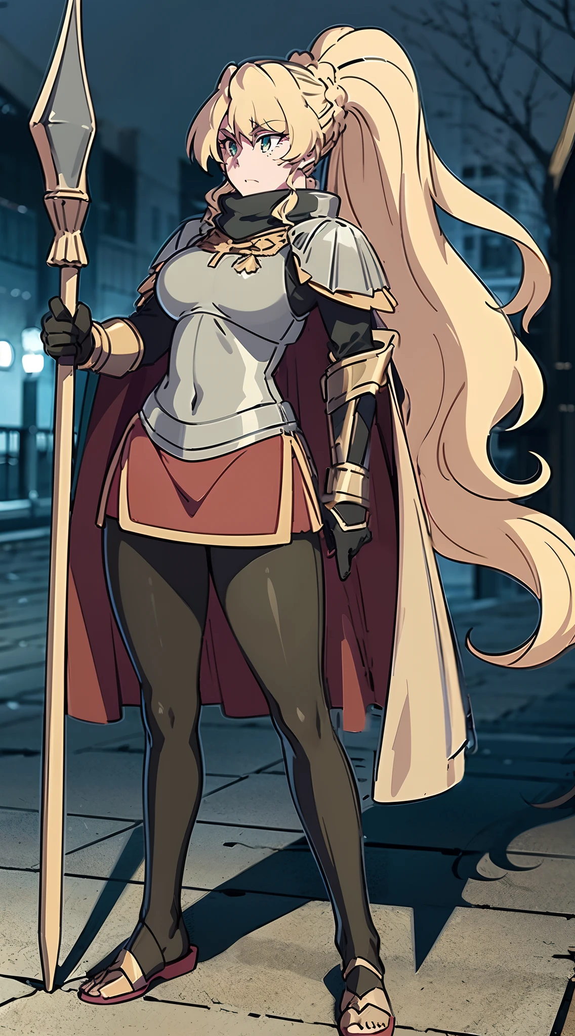 skirt vest, pantyhose, ponytail, long hair, blond hair, knight, medium breast,alicetaria february, green eyes,,, staff holding, cape, scarf, thick eyelashes,, castle background,fantasy,,standing, refsheet, solo focus, full body, flipflops,