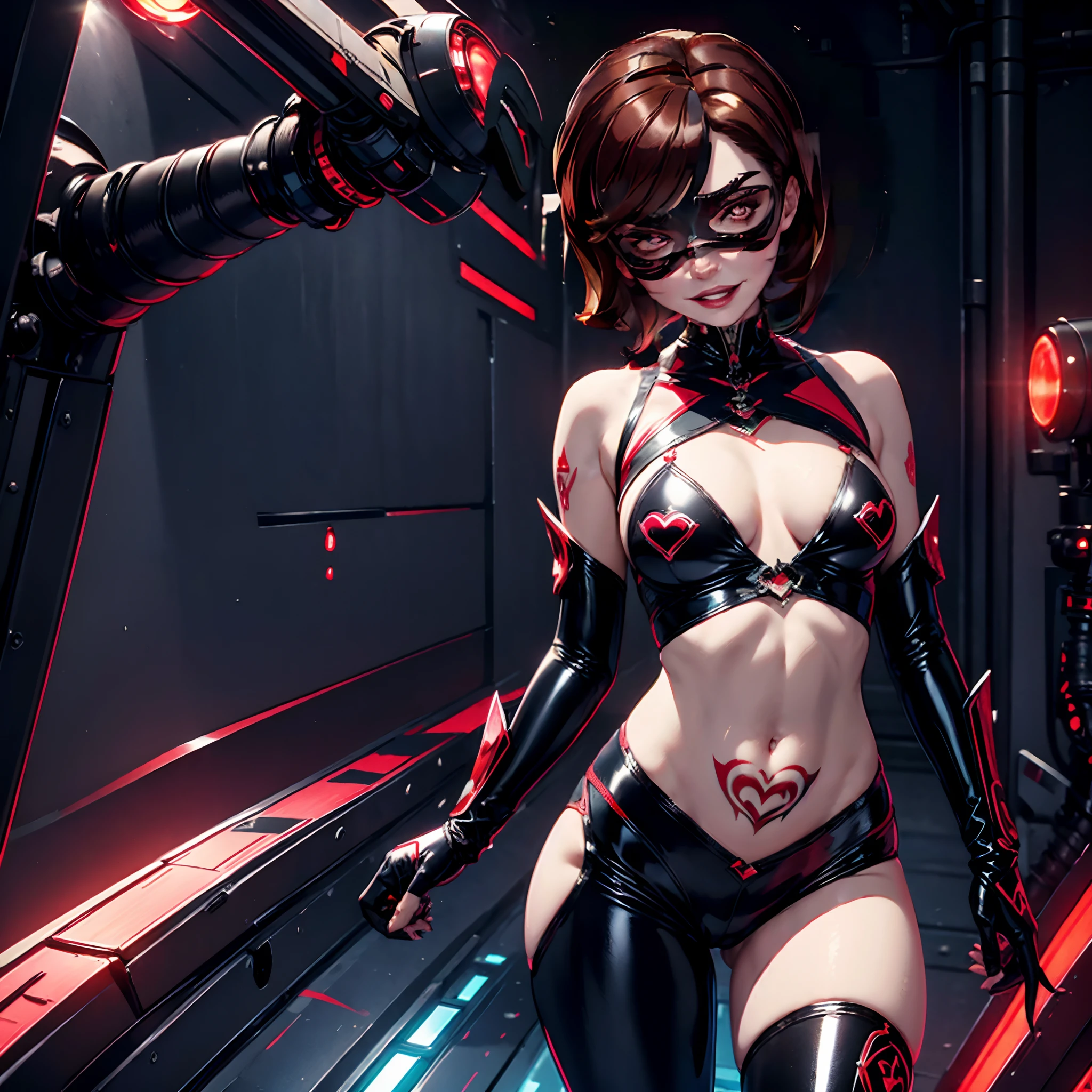 Helen Parr. masterpiece. top-quality. solo. brown haired. A black mask that obscures the eyes. Latex bondage. Tattoo of the lower abdomen. adult lady. Sharp Eye Mask. Provocative smile. shorth hair. red and black costume. headphones. full body Esbian. Pink lighting,.