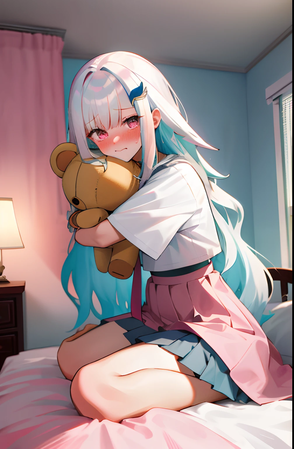 (Melhor qualidade, obra de arte), 1 garota, fora do ombro,(cabelo multicolorido:1.3), beautiful mess room, hugging stuffed animal, moletom fofo com orelhas de animais,
