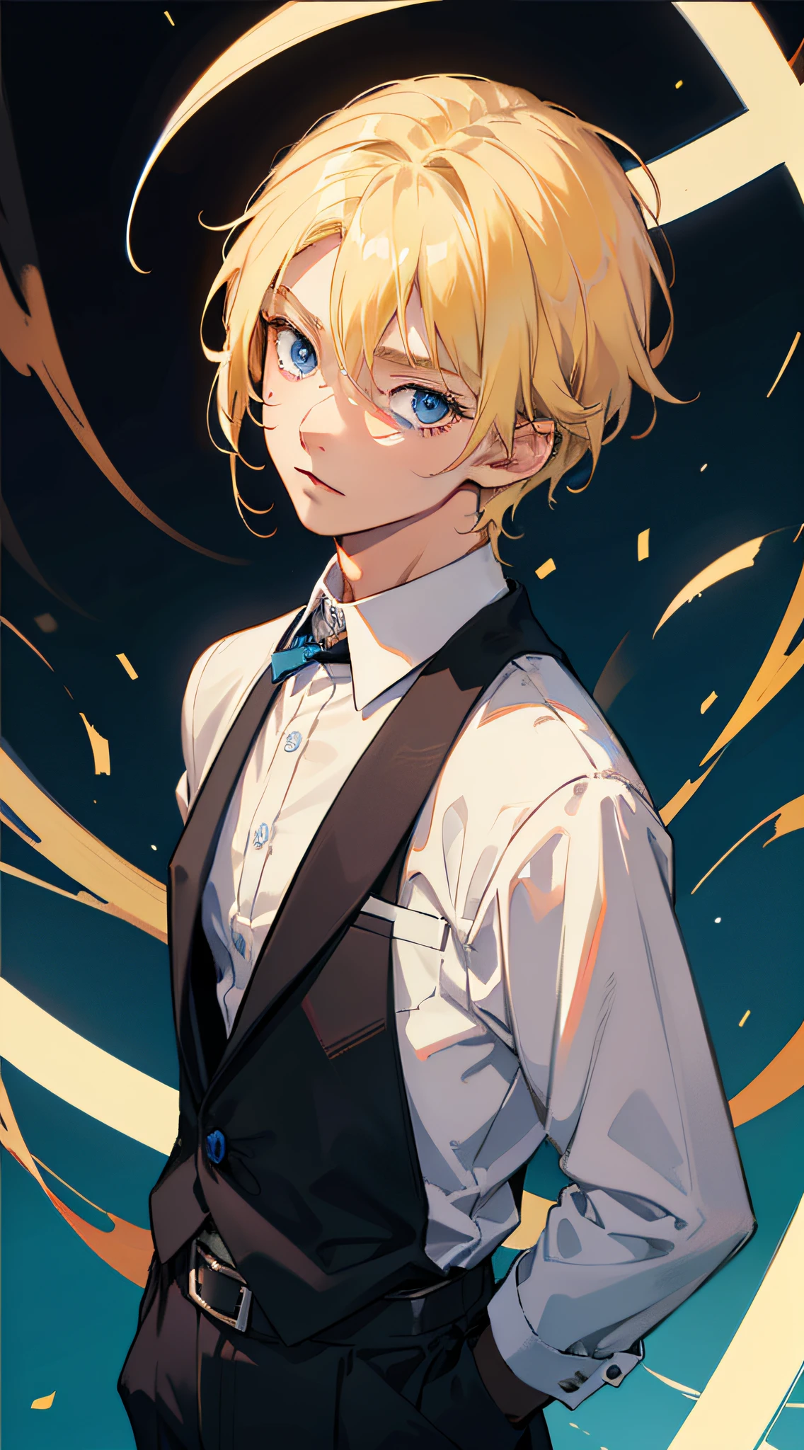 A boy solo standing in the middle with blond hair and blue eyes, school clothes, behind a boy with blond hair, surrounded by dark empty background