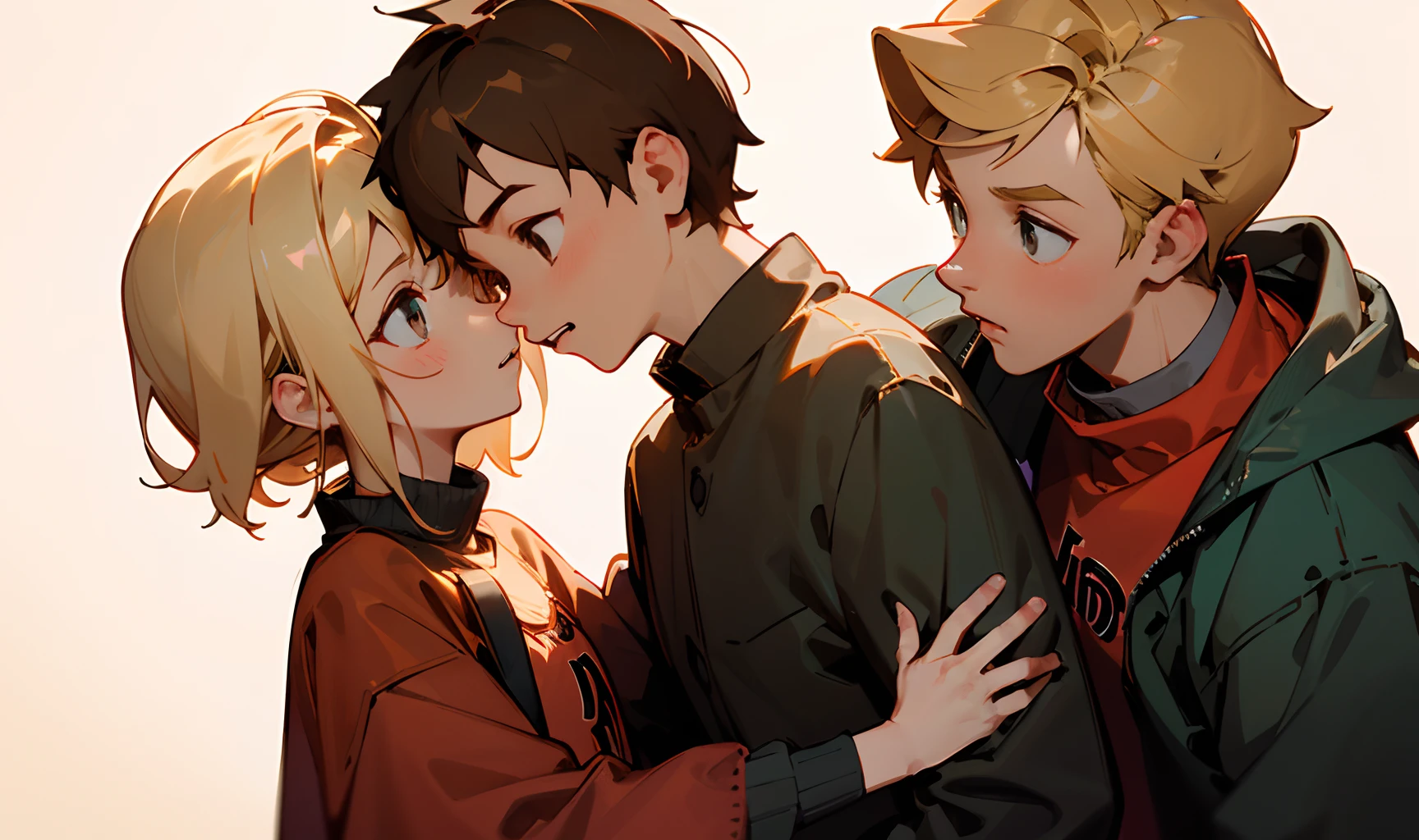 Blonde nudist girl winning run、Lots of close elementary school boys pressing kissing faces together、surround each other'kissing mouth、Laughter and joy、longshot、Group Selfies、
