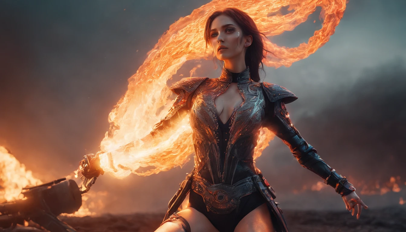 Cosmic cyberpunk Fallen Angel woman wearing a futuristic leotard, Flaming Sword glowing light eyes, Biomechanical, eerie, Creepy, nightmarish, Very bright neon colours, Light particles, with light glowing, , Mushroom Cloud, winner of the year's best photo, the world on fire, post-apocalyptic hellscape military photography, photo epic of the year, fire on the horizon, epic cinematic shot, pure form, intricate detail, 8k post-production, High resolution, super Detail, trending on ArtStation, sharp focus, studio photos, intricate detail, Very detailed, By Greg Rutkowski, Mshiff, wallpaper art, UHD wallpaper
