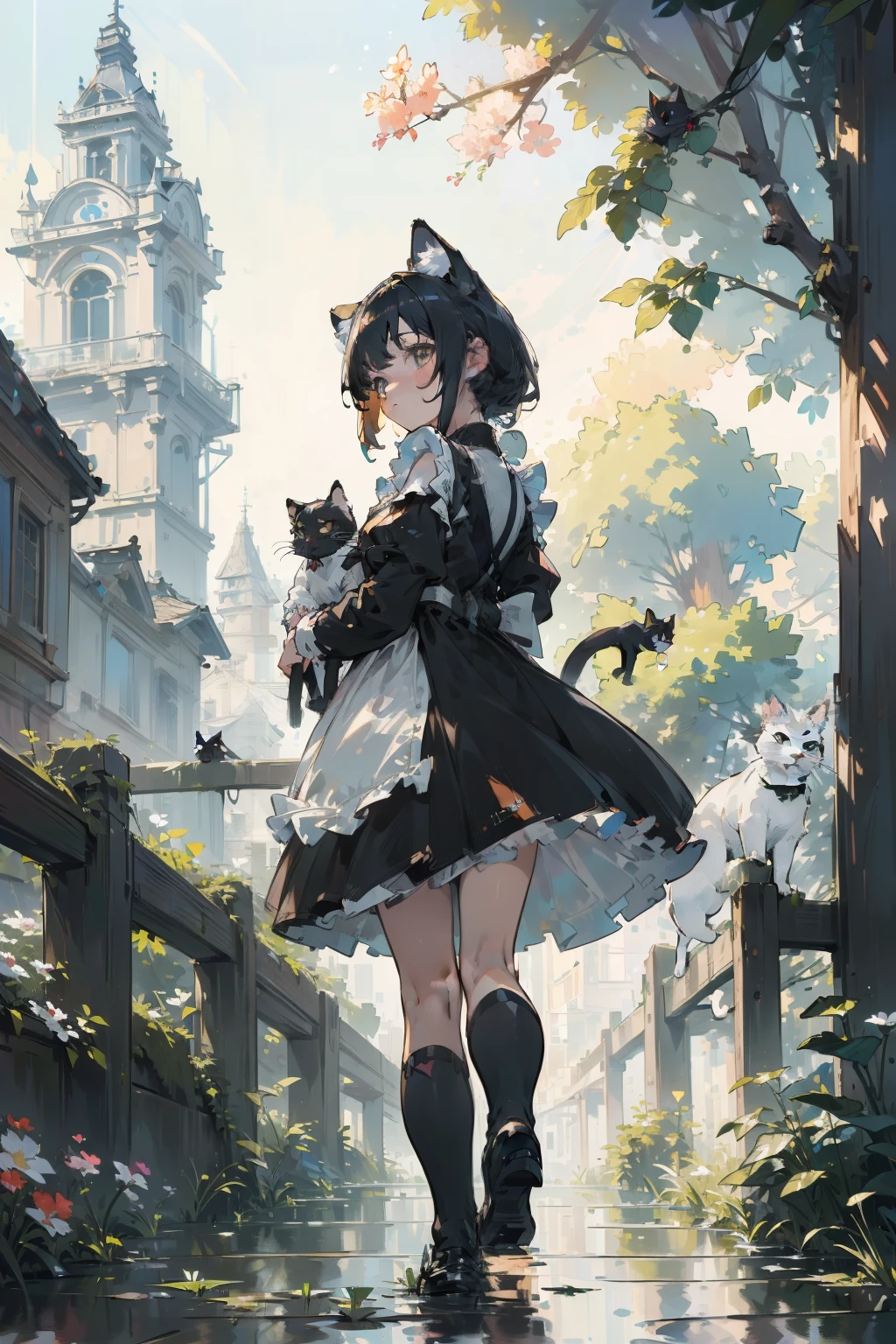 (best quality,4k,highres,ultra-detailed,masterpiece:1.3),(impressionism:1.4),Anime girl, holding a cat and walking down the street with a black cat, maid costume