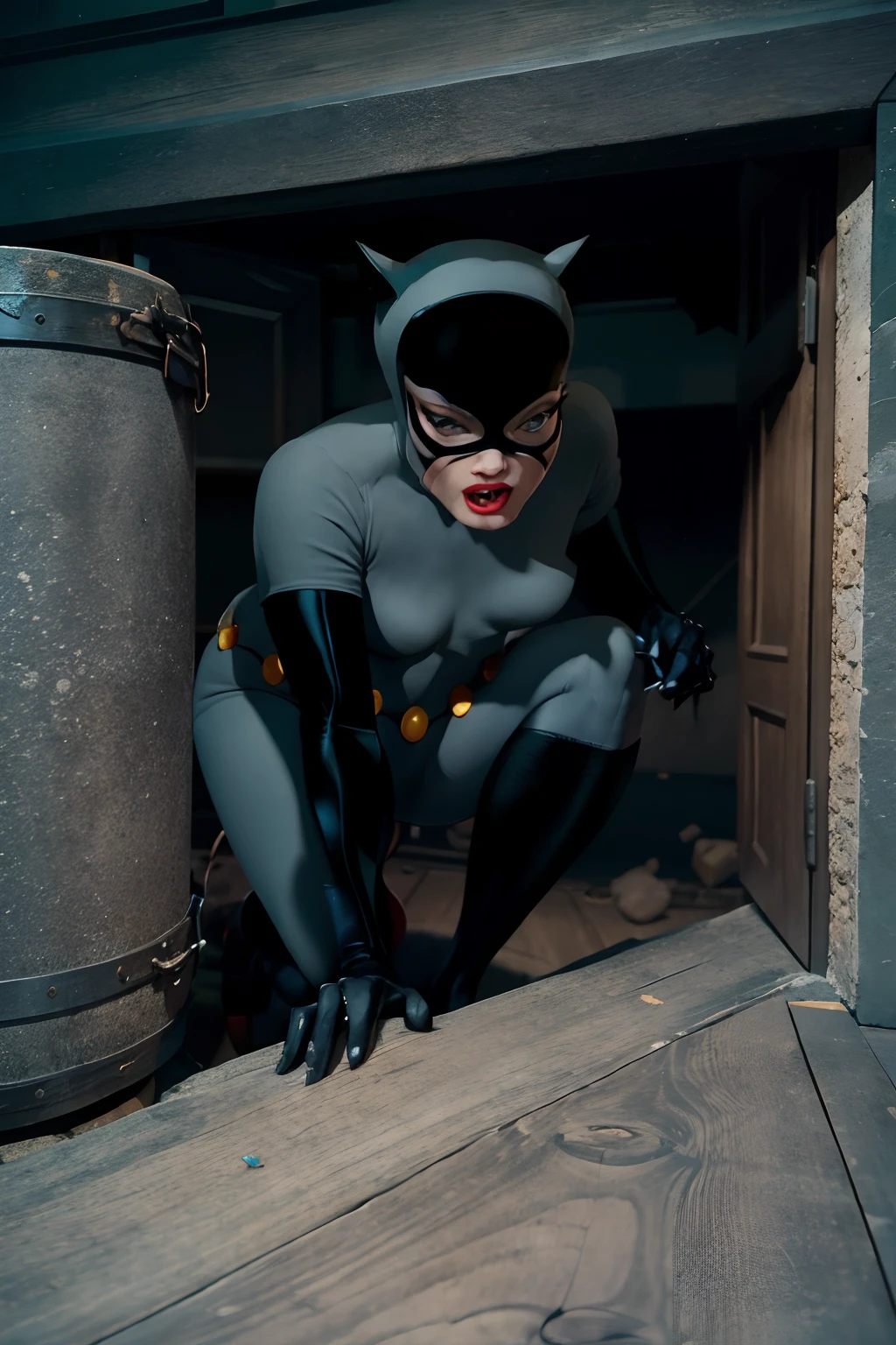 Catwoman is robbing the vaults of Ellon Musk's mansion. Esta levando as Joias e Diamantes do tamanho de um palmo. Careca com ela uma bolsa que ao final do roubo esta cheia com os pertences roubados. Estilo Dc Comics por Jim Lee.