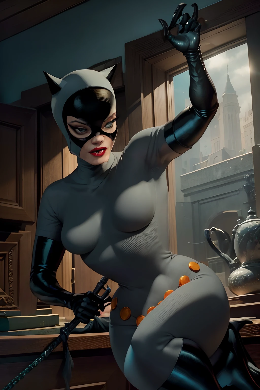 Catwoman is robbing the vaults of Ellon Musk's mansion. Esta levando as Joias e Diamantes do tamanho de um palmo. Careca com ela uma bolsa que ao final do roubo esta cheia com os pertences roubados. Estilo Dc Comics por Jim Lee.