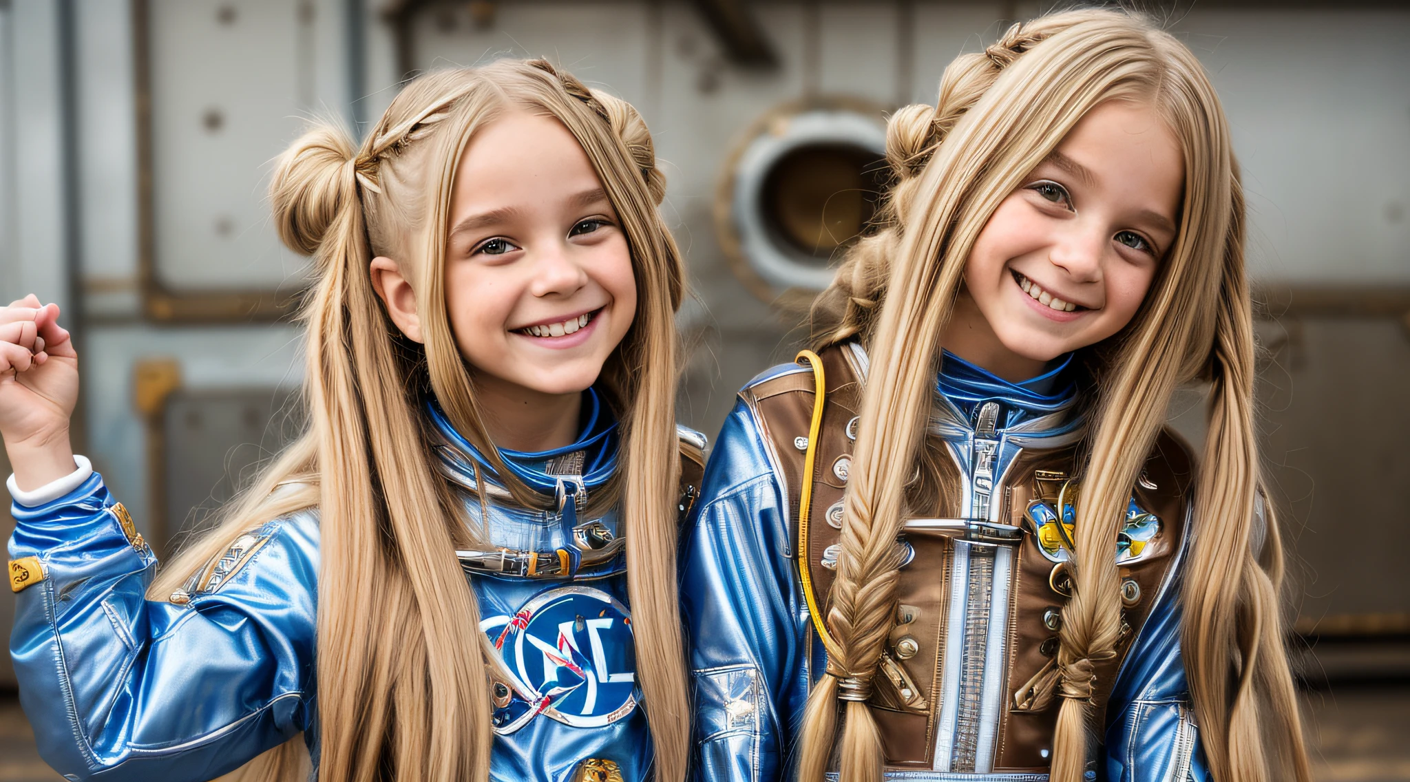 tiro de ASTRONAUT :1.2), (mordel_random pose:1.1), (CHILD GIRL LONG HAIRED BLONDE solo laranjas:, (happy emotion:1.2), (:1.2)(cabelo de metal hair_Random Style:1.2), , (roupas amarelas detalhadas random_fashion_styLE 1.2)