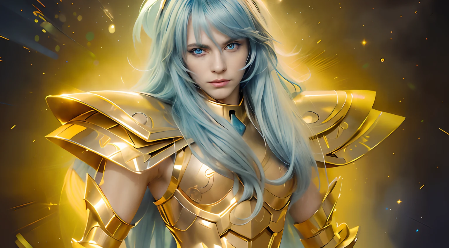 (masterpiece), (realistic) , close up portrait of a man, (male), 35 years old, Swedish, (1boy), solo, serious, looking at viewer, pretty handsome man, ((pretty big blue eyes)) (delicate face)), ((androgynous face)), (delicate rose lips), wearing an medieval armor, (full body armor), (golden armor), (chrome gold armor), (detailed armor), (ornate armor), long straight ight blue hair, (hair blowing in wind), (hair bangs), upper body, cosmic golden rain background, cinematic lighting, ((beardless)) ((perfect big blue eyes)).