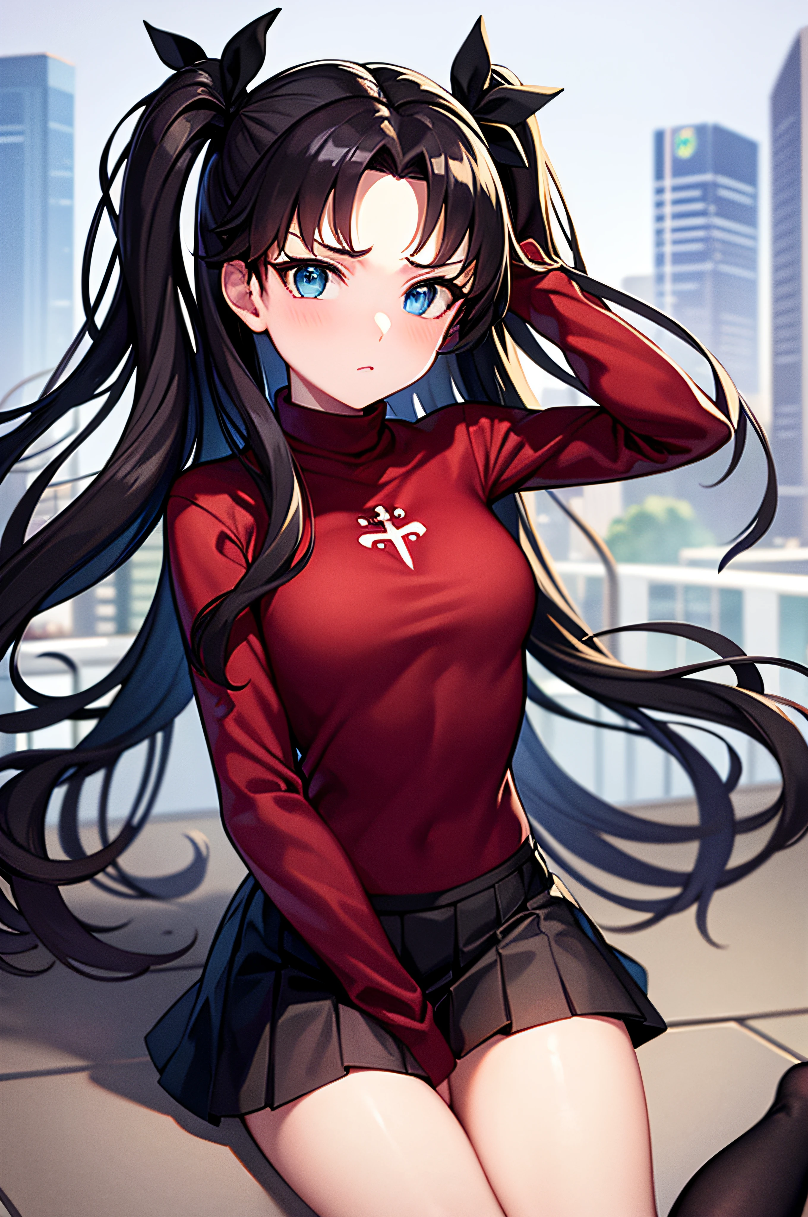 (masterpiece), best quality, expressive eyes, perfect face, 1girl, solo, rintohsaka, rin tohsaka, aqua eyes, black hair, hair ribbon, long hair, ribbon, sidelocks, two side up, black skirt, black thighhighs, long sleeves, miniskirt, pleated skirt, ((red sweater)), skirt, sweater, thighhighs, turtleneck, city background, sitting, character sheet, upper body, portrait, looking at viewer