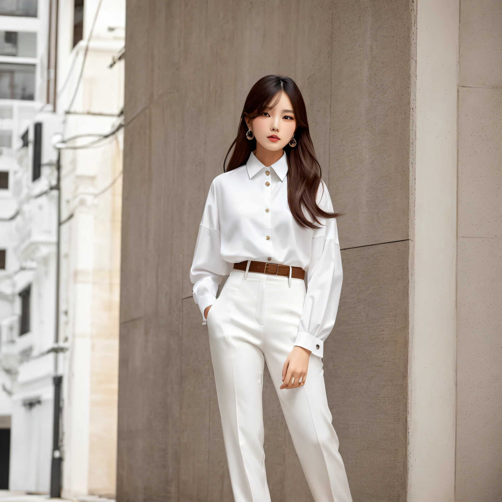 A woman in a white shirt and brown pants stands in front of a building, in Elegant Attire, wearing elegant casual clothes, Elegant style, Wearing a blouse, Elegant appearance, korean women's fashion model, Elegant fashion model, Elegant girl in urban attire, wearing a white blouse, brown pants, In the designer top, dressed in long, fluent clothes