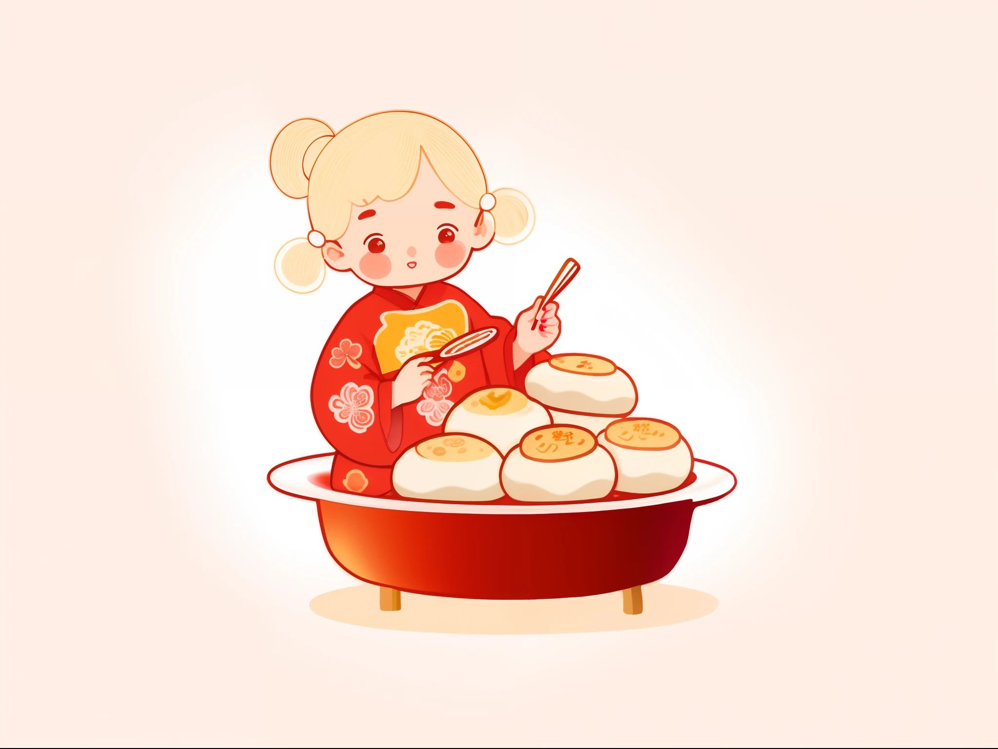 Alafi girl in a kimono dress holding a plate of bread, in a red dish, Japanese cartoon style, Japanese illustration, japanese illustrator, lofi-girl, inspired by Takehisa Yumeji, mapo tofu cartoon, Chinese girl, Steamed buns, cute illustration, inspired by Kanō Takanobu, A beautiful artwork illustration, eating a cake