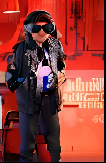 Create a 50 year old slim man with big straight hair with sunglasses with black jacket with some designs with a headband with hand on chest with microphone