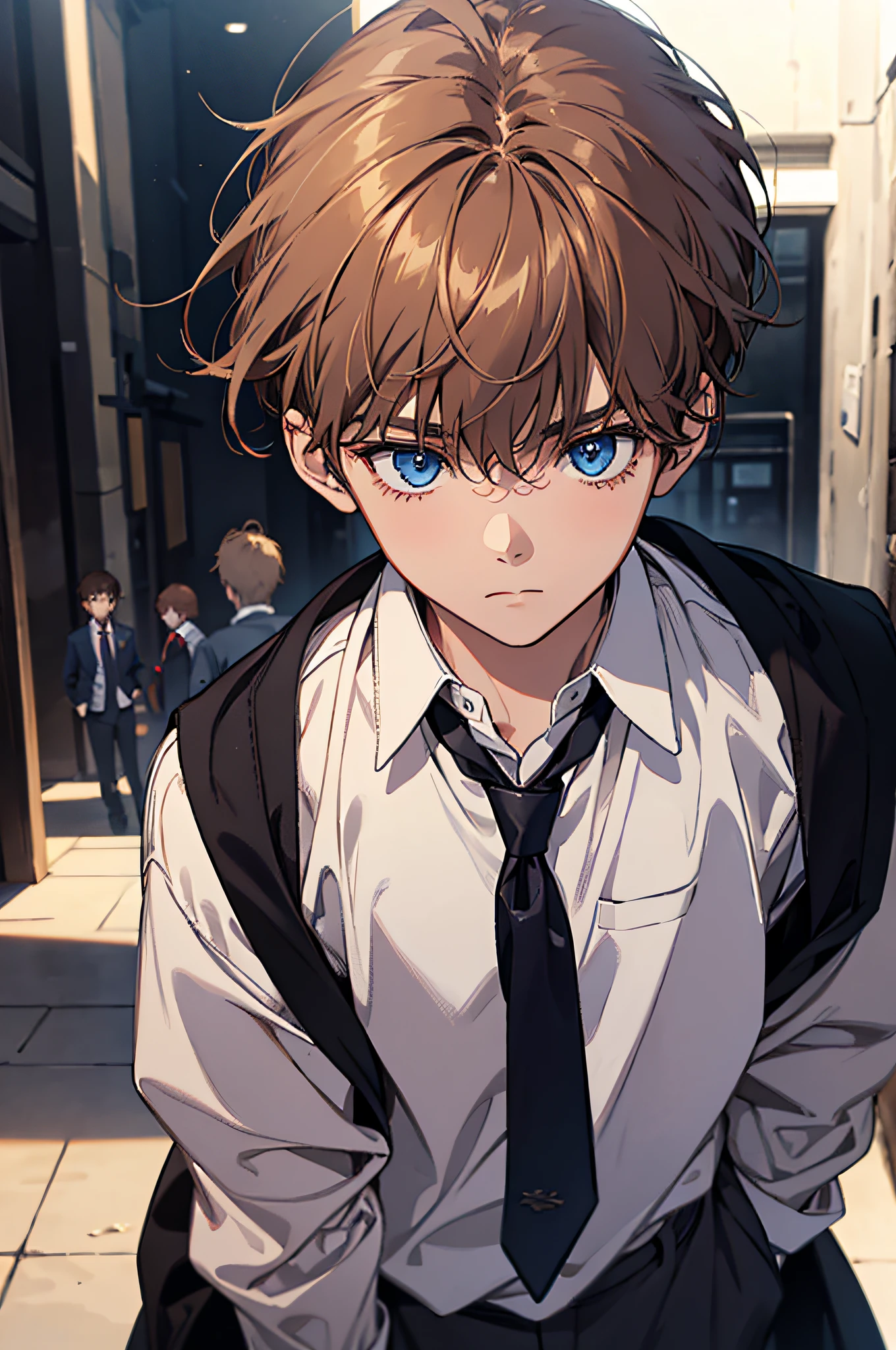 A boy standing in the middle with brown hair and blue eyes, school clothes, behind a boy with blond hair, surrounded by dark empty background