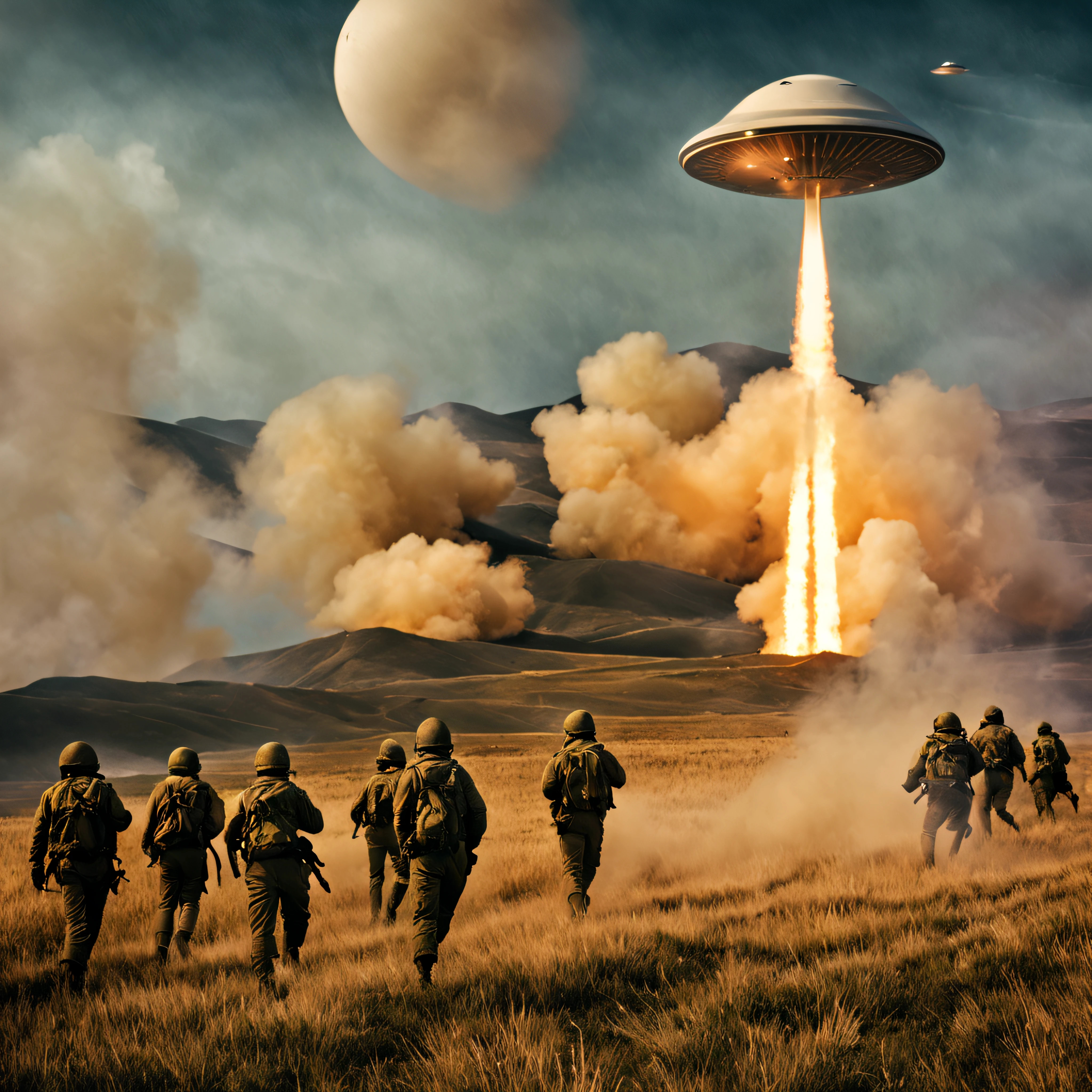 soldiers run towards a large object in a field with smoke, ufo attack, aliens invading earth, dogfighting a ufo with lasers, ufology, retro sci - fi picture, ufo aliens, ufo landing, ufos, ufo abduction, war of the worlds, alien abduction, war photo, alien invasion, vintage scifi, unpublished photo of ufo, ufo