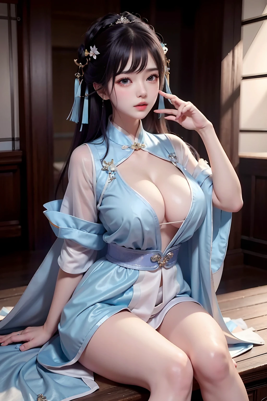 Wet-breasted Hanfu dynasty open V-chested clothes royal, All pictures, Wet body of thin silk fabric, Thin silk lace petticoat,princess 8 yeald old cute, (huge boobs,cleavage),petticoat, white pink, blue ,best qualtiy,tmasterpiece,超高分辨率,(真实感:1.4),RAW photogr,(True skin texture:1.3),(filmgrain:1.3),(Selfie angle),1个Giant Breast Girl,Beautiful eye and face details,tmasterpiece,Best quality at best,exposing thighs,Bigchest,The chest is more exposed, detailed hair,above looking down facing at camera,short dressPrincess Eyes,Super big eyes,Detailed face,shiny pupils,