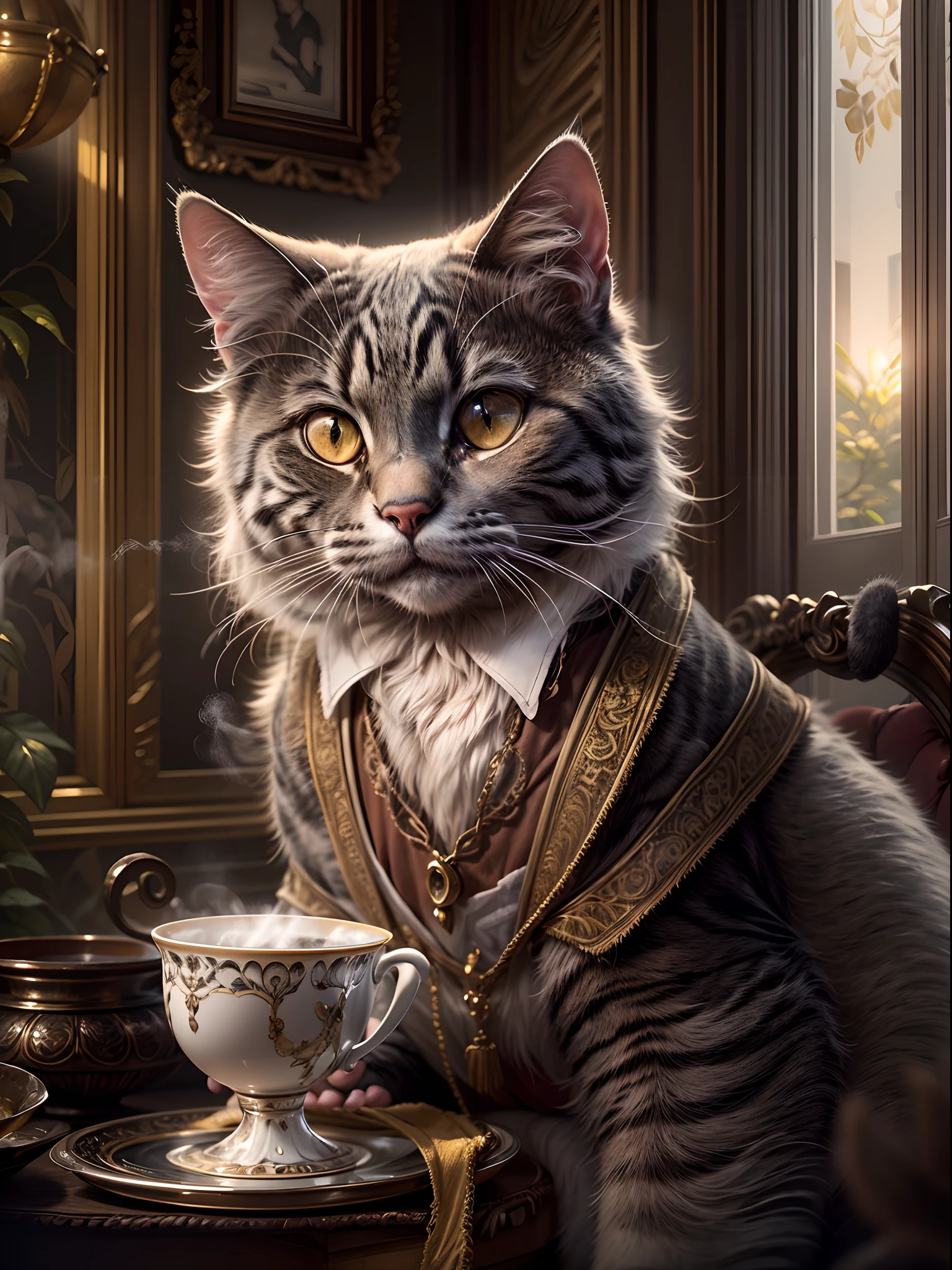 (best quality,4k,8k,highres,masterpiece:1.2),ultra-detailed,(realistic,photorealistic,photo-realistic:1.37),gray cat dressed like an English gentleman, fluffy and cute, sitting on a cushioned chair, wearing a dapper vest,(( holding a delicate porcelain hot steam cup of tea)), with pinky finger slightly raised, in a classic London 1929 backdrop. The cat's eyes are filled with gentle curiosity and intelligence, complimented by long, luxurious whiskers that frame its expressive face. The intricate details of its fur, ranging from soft shades of gray to silver, give the cat a sense of depth and texture. The surrounding room features antique furniture and elegant wallpaper, transporting us to an opulent era of sophistication and charm. Golden rays of sunlight stream through the exquisite stained-glass windows, casting a warm and inviting glow that illuminates the cat and its refined surroundings. The color palette exudes a vintage, sepia-toned ambiance, reflecting the nostalgic mood of the 1920s. The overall composition showcases the feline's charisma, capturing its poised and regal demeanor while also highlighting its adorable and endearing qualities.