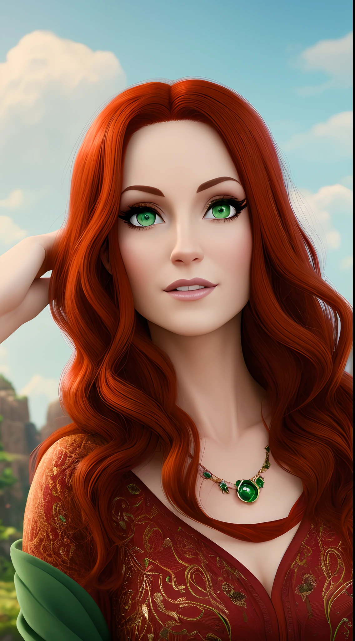 Woman 40 years old green eyes long red hair Disney Pixar style high quality high resolution