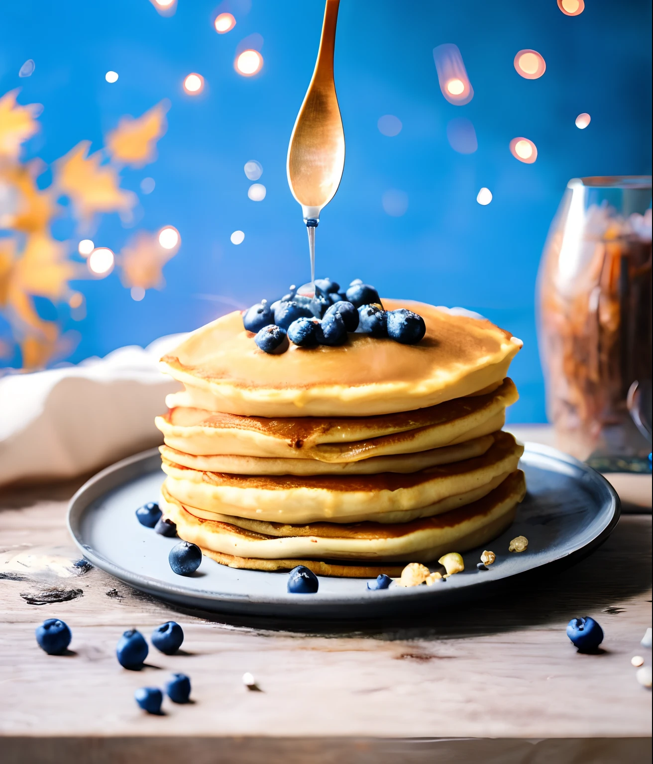 A towering landscape of pancakes dripping with maple syrup and blueberries on the table., Autumn Wind, Contest Winners 2021, 🎀 🍓 🧚, harvest, Sofia Emelenko, (Sweet night atmosphere, Bokeh lights in the background:1.1), CHV3CFoodPorn, perfect composition, professional, masterpiece, commit, bestquality, Color correction, Edit in post, emended, ameliorated, idyllic