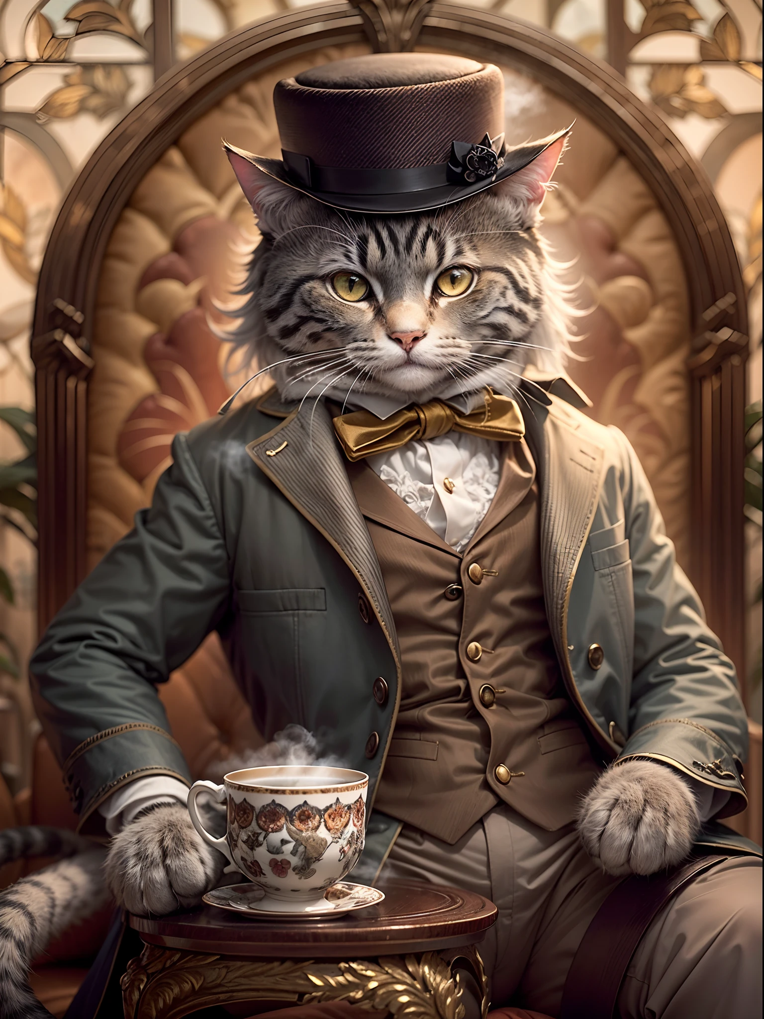 (best quality,4k,8k,highres,masterpiece:1.2),ultra-detailed,(realistic,photorealistic,photo-realistic:1.37),gray cat dressed like an English gentleman, fluffy and cute, sitting on a cushioned chair, wearing a dapper vest,(( holding a delicate porcelain hot steam cup of tea)), with pinky finger slightly raised, in a classic London 1929 backdrop. The cat's eyes are filled with gentle curiosity and intelligence, complimented by long, luxurious whiskers that frame its expressive face. The intricate details of its fur, ranging from soft shades of gray to silver, give the cat a sense of depth and texture. The surrounding room features antique furniture and elegant wallpaper, transporting us to an opulent era of sophistication and charm. Golden rays of sunlight stream through the exquisite stained-glass windows, casting a warm and inviting glow that illuminates the cat and its refined surroundings. The color palette exudes a vintage, sepia-toned ambiance, reflecting the nostalgic mood of the 1920s. The overall composition showcases the feline's charisma, capturing its poised and regal demeanor while also highlighting its adorable and endearing qualities.