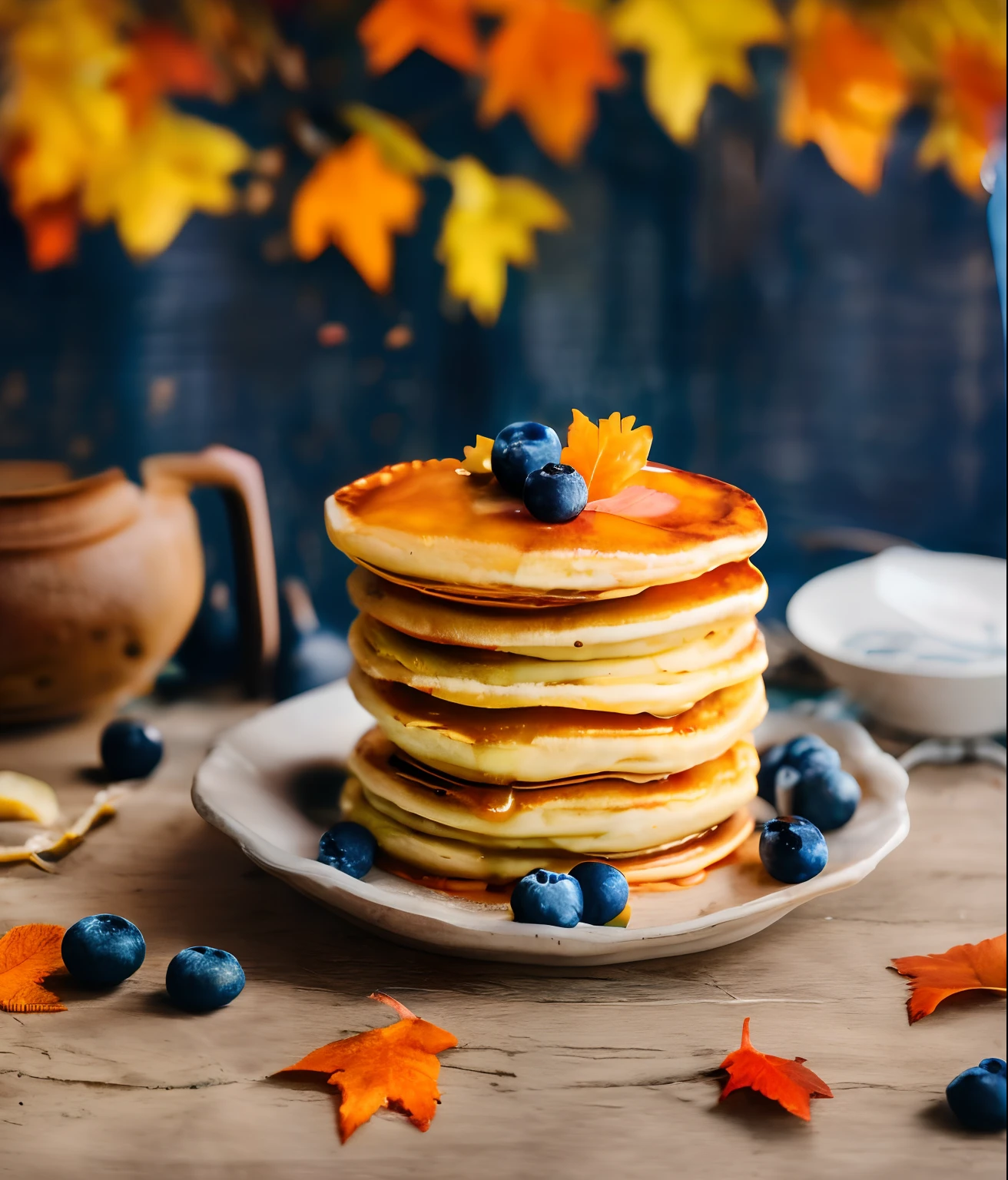 A towering landscape of pancakes dripping with maple syrup and blueberries on the table., Autumn Wind, Contest Winners 2021, 🎀 🍓 🧚, harvest, Sofia Emelenko, (Sweet night atmosphere, Bokeh lights in the background:1.1), CHV3CFoodPorn, perfect composition, professional, masterpiece, commit, bestquality, Color correction, Edit in post, emended, ameliorated, idyllic