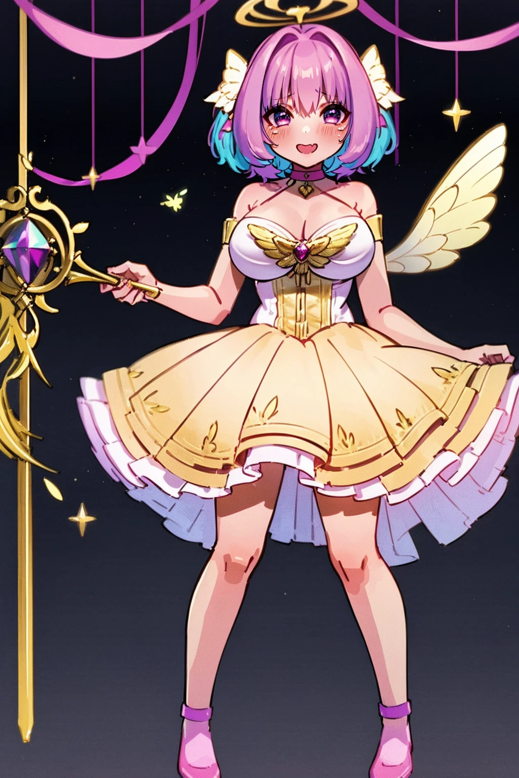 (best quality,masterpiece:1.2),intricate details,beautiful detailed eyes,beautiful detailed lips,extremely detailed eyes and face,longeyelashes,riamu, modeseven,super curvy,comic style,vibrant colors,standing,innocent, full body, standing, smile, princess dress, noble clothing, holy angel magicalgirl, open mouth fang, holy haura, halo, smile, joyfull, paladin, staff holding, full body , boots, standing,cute,breast, curvy, female,fantasy goddess,there is a cartoon picture of a woman with a very large breast, glowing angelic being, glowing holy aura, inspired by Luma Rouge, the non-binary deity of spring, ethereal rainbow nimbus, the butterfly goddess of fire, inspired by Marie Angel, glowing aura around her, astral fairy, as the goddess of the sun, “uwu the prismatic person, big breast, happy, beautiful eyes, , full body, walking, long robe, long dress, ,priestess ,holy, smile