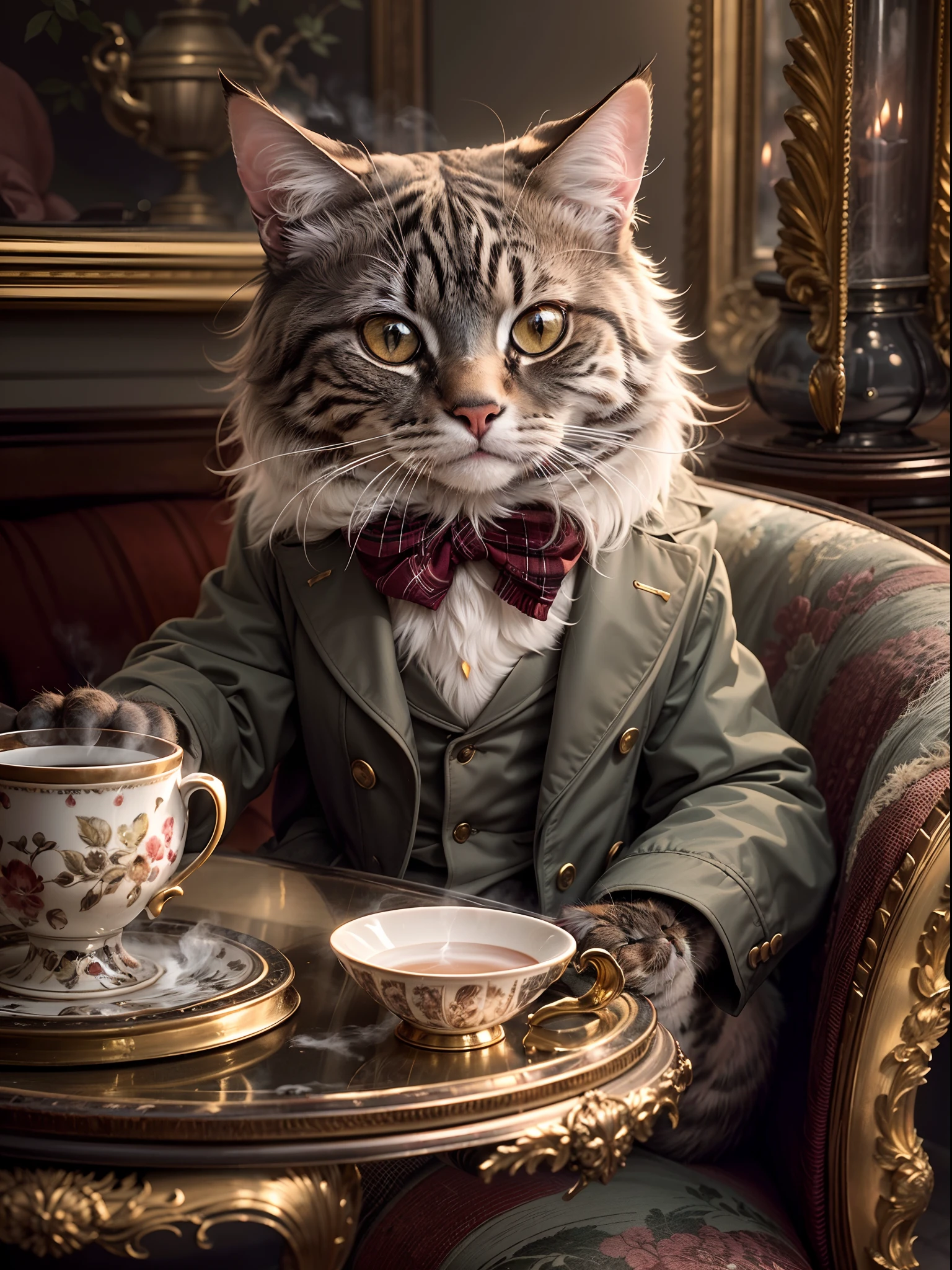 (best quality,4k,8k,highres,masterpiece:1.2),ultra-detailed,(realistic,photorealistic,photo-realistic:1.37),gray cat dressed like an English gentleman, fluffy and cute, sitting on a cushioned chair, wearing a dapper vest,(( holding a delicate porcelain hot steam cup of tea)), with pinky finger slightly raised, in a classic London 1929 backdrop. The cat's eyes are filled with gentle curiosity and intelligence, complimented by long, luxurious whiskers that frame its expressive face. The intricate details of its fur, ranging from soft shades of gray to silver, give the cat a sense of depth and texture. The surrounding room features antique furniture and elegant wallpaper, transporting us to an opulent era of sophistication and charm. Golden rays of sunlight stream through the exquisite stained-glass windows, casting a warm and inviting glow that illuminates the cat and its refined surroundings. The color palette exudes a vintage, sepia-toned ambiance, reflecting the nostalgic mood of the 1920s. The overall composition showcases the feline's charisma, capturing its poised and regal demeanor while also highlighting its adorable and endearing qualities.