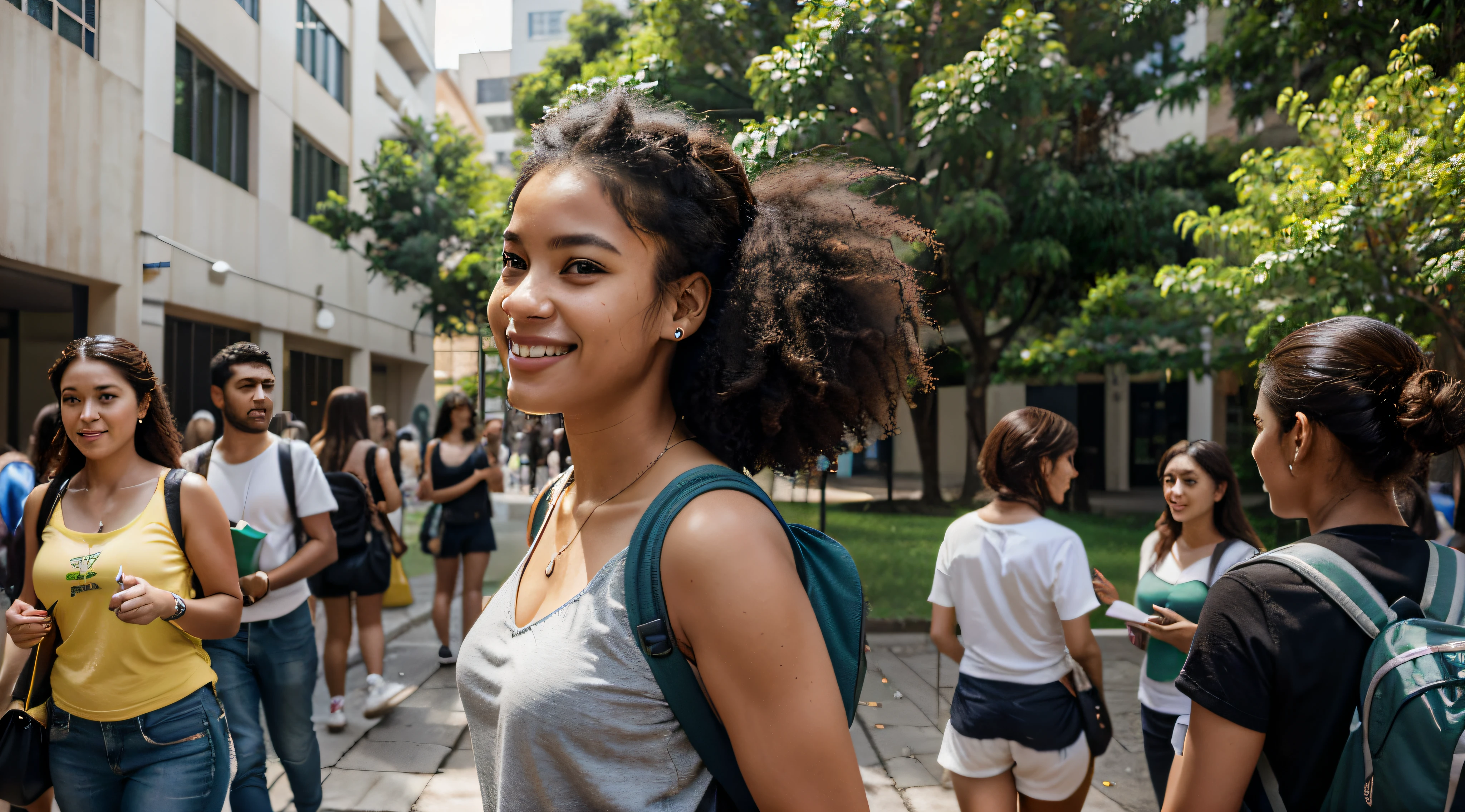 Generate an image of a Brazilian student happily strolling through a busy university campus. she is tall and slender, com um penteado afro marcante que exala um senso de individualidade. Her captivating light brown eyes sparkle with determination and curiosity. She's dressed in a loose, blusa verde, uma cor que complementa seu sorriso radiante. She wears a practical student backpack on her back, symbolizing your academic dedication. Enquanto ela caminha, She carries a stack of graphite-covered books in one hand, showcasing your passion for literature, And she holds a modern set of wireless earbuds around her neck. This distinguished student embodies the spirit of a cheerful, Estudante apaixonada por livros com seu penteado afro, while confidently navigating the lively atmosphere of the university campus.