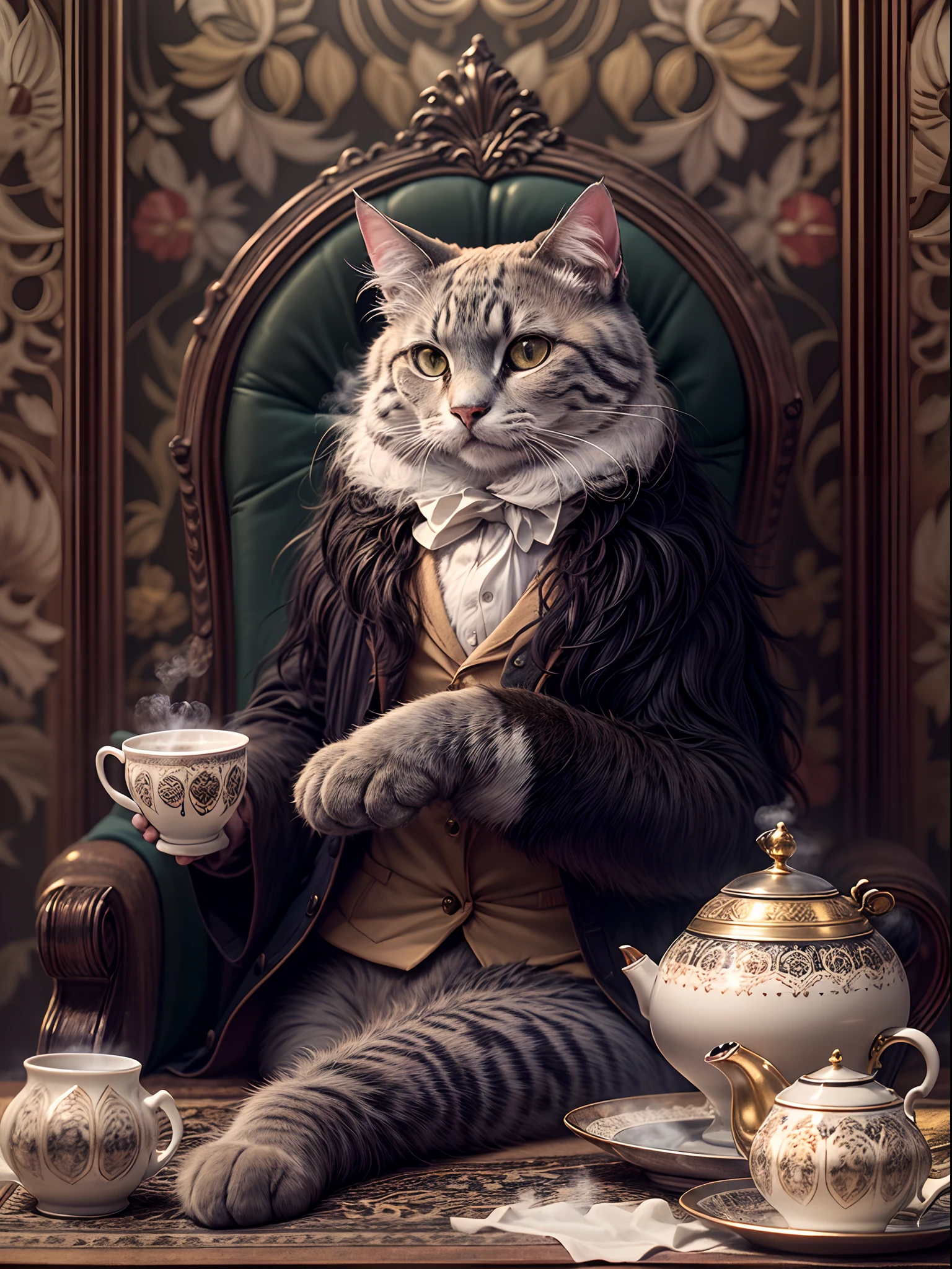 (best quality,4k,8k,highres,masterpiece:1.2),ultra-detailed,(realistic,photorealistic,photo-realistic:1.37),gray cat dressed like an English gentleman, fluffy and cute, sitting on a cushioned chair, wearing a dapper vest,half body, tea table,(( holding a delicate porcelain hot steam cup of tea)), with pinky finger slightly raised, in a classic London 1929 backdrop. The cat's eyes are filled with gentle curiosity and intelligence, complimented by long, luxurious whiskers that frame its expressive face. The intricate details of its fur, ranging from soft shades of gray to silver, give the cat a sense of depth and texture. The surrounding room features antique furniture and elegant wallpaper, transporting us to an opulent era of sophistication and charm. Golden rays of sunlight stream through the exquisite stained-glass windows, casting a warm and inviting glow that illuminates the cat and its refined surroundings. The color palette exudes a vintage, sepia-toned ambiance, reflecting the nostalgic mood of the 1920s. The overall composition showcases the feline's charisma, capturing its poised and regal demeanor while also highlighting its adorable and endearing qualities.