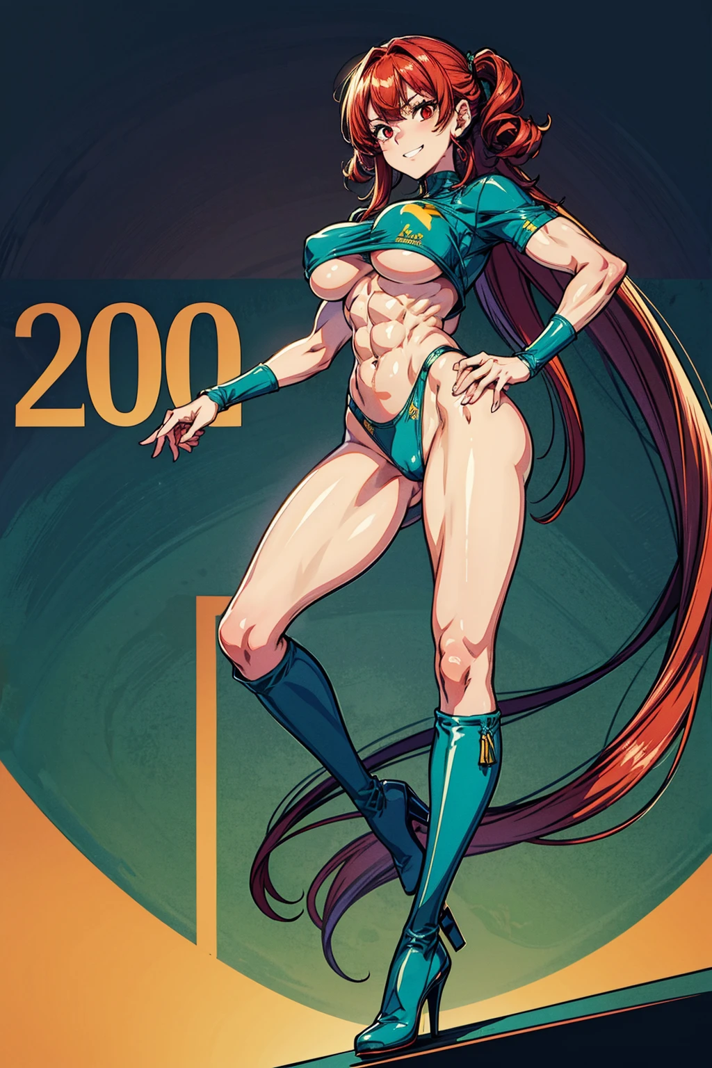masterpiece:2, best quality:2, highly detailed:2, 8k, horror background, anime, 1girl\(20-year-old, stripper, grinning, evil, athletic:1.2, muscular:1.2, abs:1.2, long legs:1.4, curly red hair, big breasts, green stockings, green thigh boots with high heels, revealing clothes:1.2, slender waist, tight butts, beautiful face, red eyes, dynamic pose\), full-body image:1.2