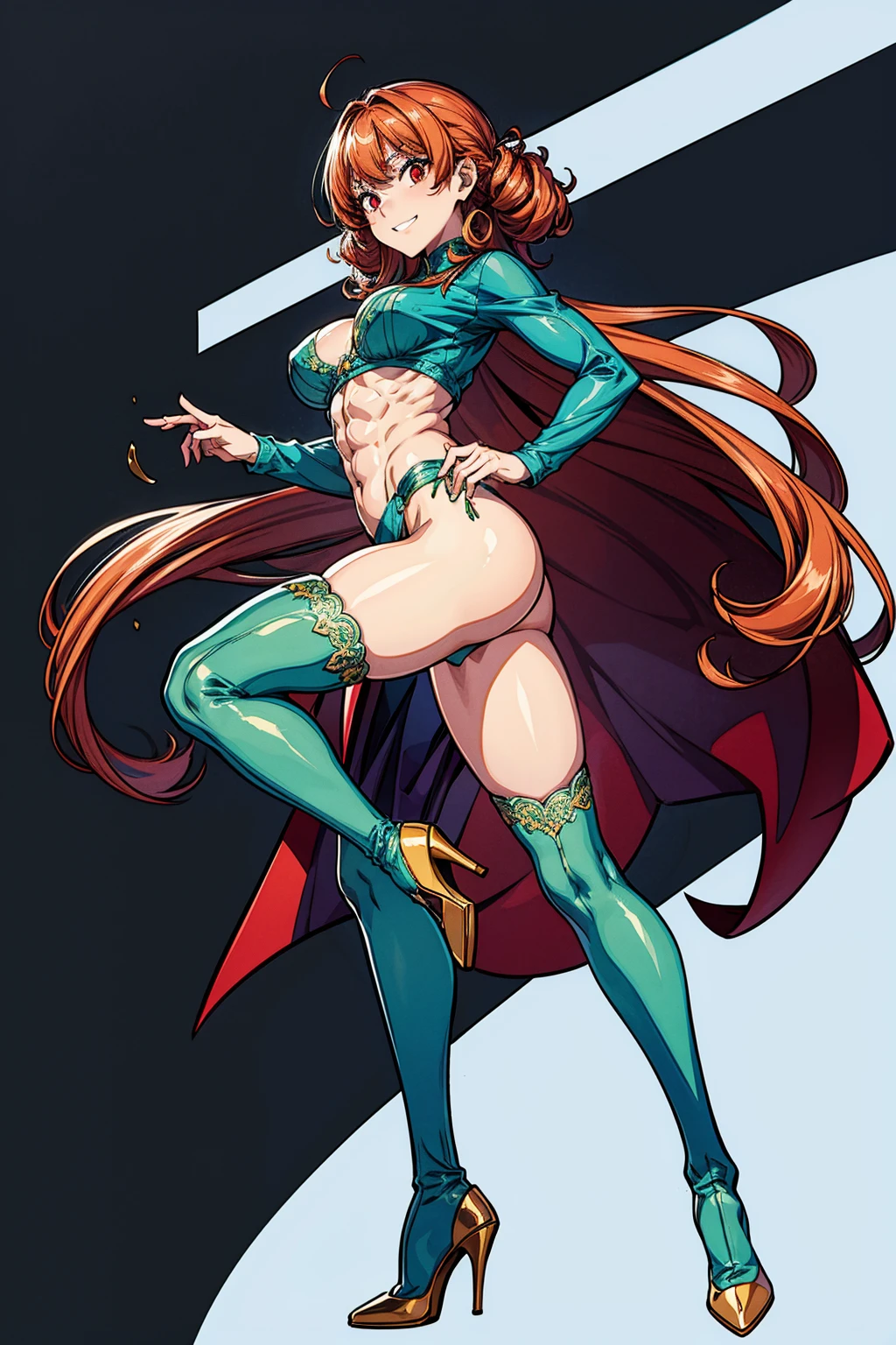 masterpiece:2, best quality:2, highly detailed:2, 8k, horror background, anime, 1girl\(20-year-old, stripper, grinning, evil, athletic:1.2, muscular:1.2, abs:1.2, long legs:1.4, curly red hair, big breasts, green stockings, green thigh boots with high heels, revealing clothes:1.2, slender waist, tight butts, beautiful face, red eyes, dynamic pose\), full-body image:1.2