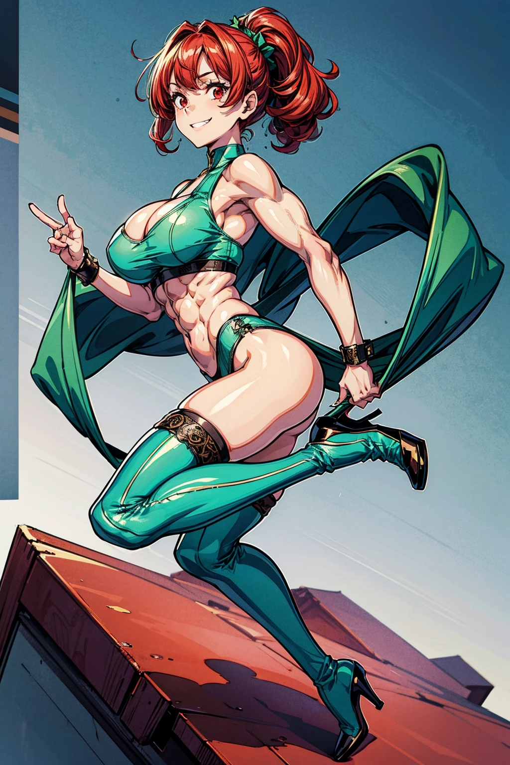 masterpiece:2, best quality:2, highly detailed:2, 8k, horror background, anime, 1girl\(20-year-old, stripper, grinning, evil, athletic:1.2, muscular:1.2, abs:1.2, long legs:1.4, curly red hair, big breasts, green stockings, green thigh boots with high heels, revealing clothes:1.2, slender waist, tight butts, beautiful face, red eyes, dynamic pose\), full-body image:1.2