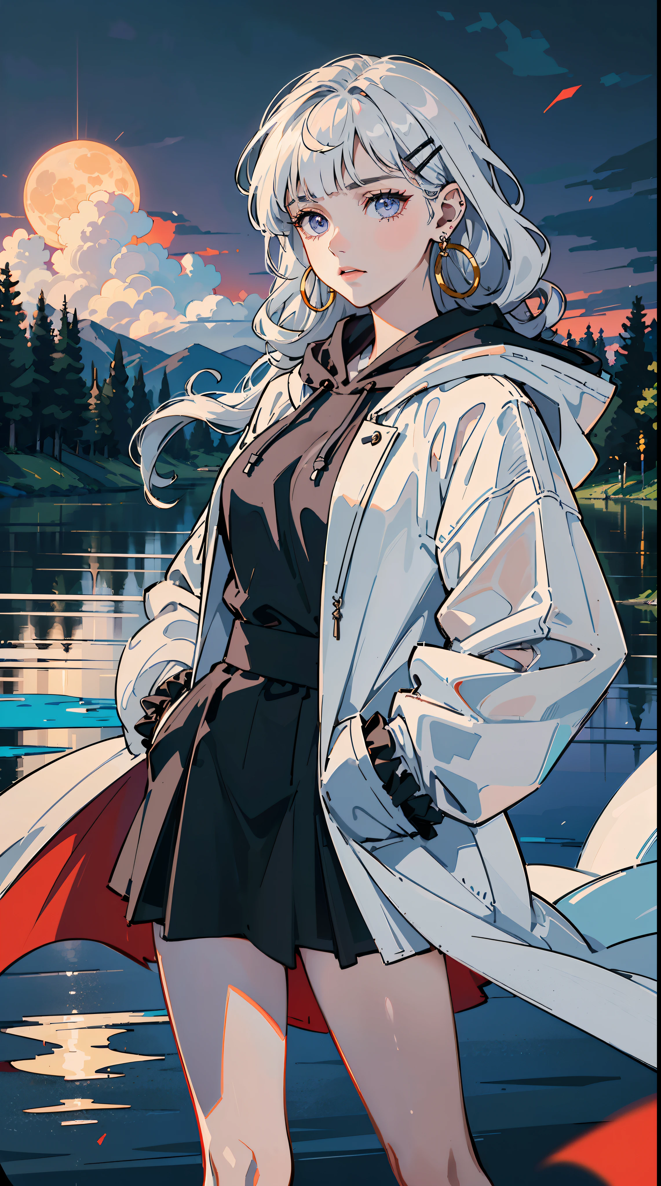 ((((frills,large black hoodie,))))((hands in pockets,))(Masterpiece illustration,Beautiful and aesthetic:1.2,head up,aim to sky), Best quality,Top quality, Epic quality,((((nature,on the lake,on a ice shield  ,outdoor,cloudy,))))(beautiful purple sunset,moonlight,moon glare, god light, from above:1.3,))Neat face,underage,mature,Beautiful detailed hair，white hair，hyper HD, retinas, Textured skin, A high resolution, 16k ，((hairclip,blunt bangs,sidelocks,middle hair，natural curly hair)),Detailed face, 1JK, lady,Solo, Perfect face, Very amazing girl,((covered by thin translucent cloth,skindentation,high waist skirt,black hybrid white coat,large cloak,metal earrings,spiral earrings)),rim-light
