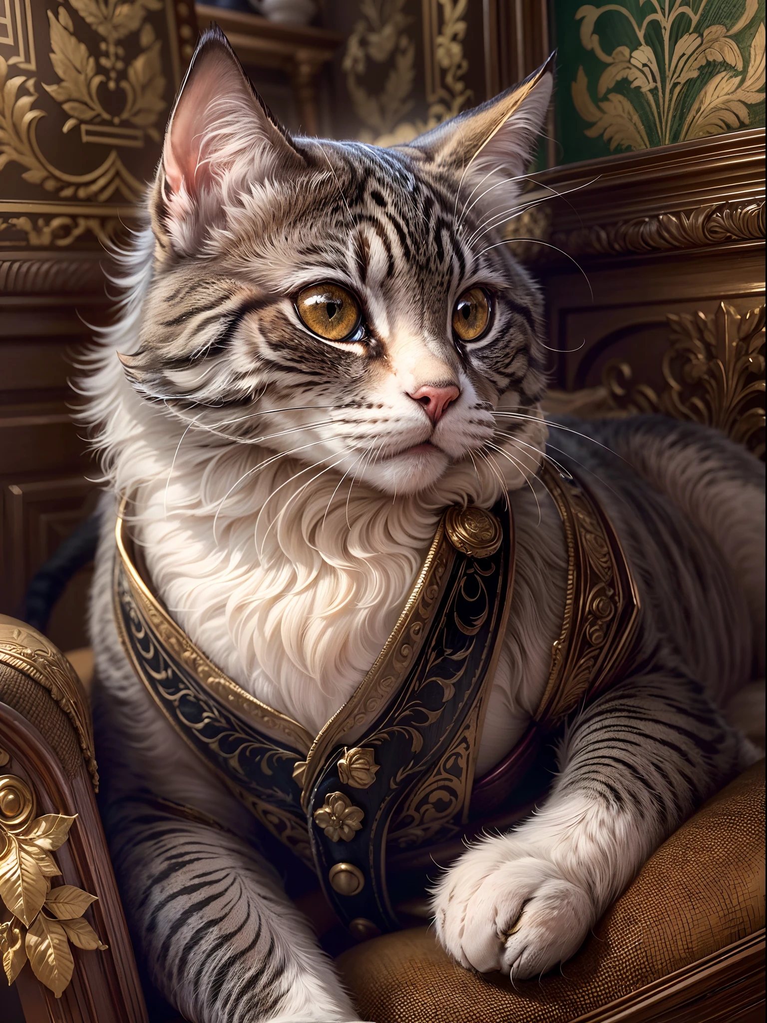 (best quality,4k,8k,highres,masterpiece:1.2),ultra-detailed,(realistic,photorealistic,photo-realistic:1.37),gray cat dressed like an English gentleman, fluffy and cute, sitting on a cushioned chair, wearing a dapper vest,(half body, tea table),(( holding a delicate porcelain hot steam cup of tea)), with pinky finger slightly raised, in a classic London 1929 backdrop. The cat's eyes are filled with gentle curiosity and intelligence, complimented by long, luxurious whiskers that frame its expressive face. The intricate details of its fur, ranging from soft shades of gray to silver, give the cat a sense of depth and texture. The surrounding room features antique furniture and elegant wallpaper, transporting us to an opulent era of sophistication and charm. Golden rays of sunlight stream through the exquisite stained-glass windows, casting a warm and inviting glow that illuminates the cat and its refined surroundings. The color palette exudes a vintage, sepia-toned ambiance, reflecting the nostalgic mood of the 1920s. The overall composition showcases the feline's charisma, capturing its poised and regal demeanor while also highlighting its adorable and endearing qualities.