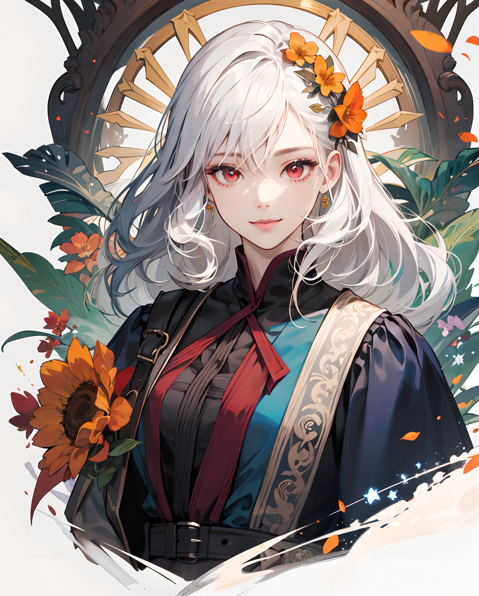 ​masterpiece、top-quality、超A high resolution、2D Beautiful Girl、animesque、teens girl、White hair、Fluffy hair、Orange Flower Hair Ornament、Beautiful red eyes、The clothes are also depicted in detail、Eyes are depicted in detail、The face is depicted in detail、sorcerer、soio、Gentle smile、Full body front、hair adornments、animesque、illustratio