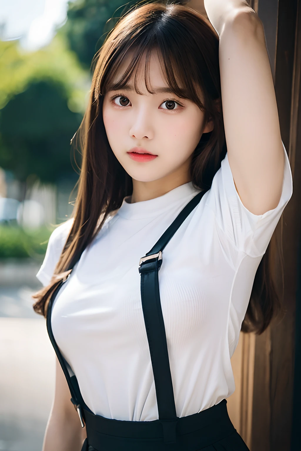 masterpiece、flat-colors、depth of fields、lens flare 1 girl、、Brown hair、watching at viewers suspenders bulging big breasts Armpit sweat walls: Black skirt garterbelts Gaze Small face Bangs Upper Eyes flank Rat-colored eyes holster Cutter shirt