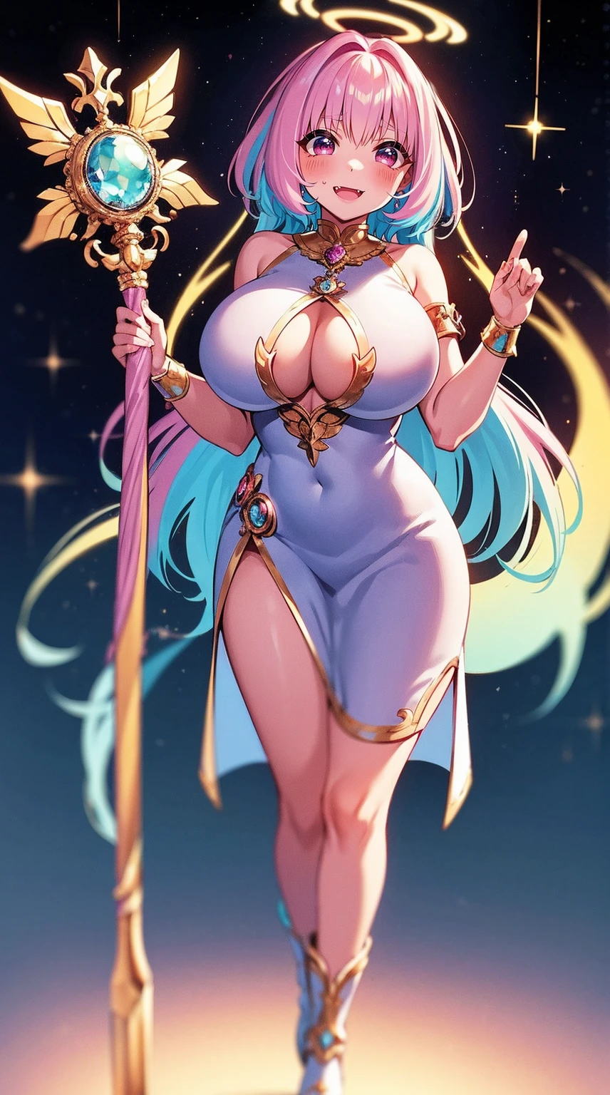 (best quality,masterpiece:1.2),intricate details,beautiful detailed eyes,beautiful detailed lips,extremely detailed eyes and face,longeyelashes,riamu, modeseven,super curvy,comic style,vibrant colors,standing,innocent, full body, standing, smile, princess dress, noble clothing, holy angel magicalgirl, open mouth fang, holy haura, halo, smile, joyfull, paladin, staff holding, full body , boots, standing,cute,breast, curvy, female,fantasy goddess,there is a cartoon picture of a woman with a very large breast, glowing angelic being, glowing holy aura, inspired by Luma Rouge, the non-binary deity of spring, ethereal rainbow nimbus, the butterfly goddess of fire, inspired by Marie Angel, glowing aura around her, astral fairy, as the goddess of the sun, “uwu the prismatic person, big breast, happy, beautiful eyes, , full body, walking, long robe, long dress, ,priestess ,holy, smile