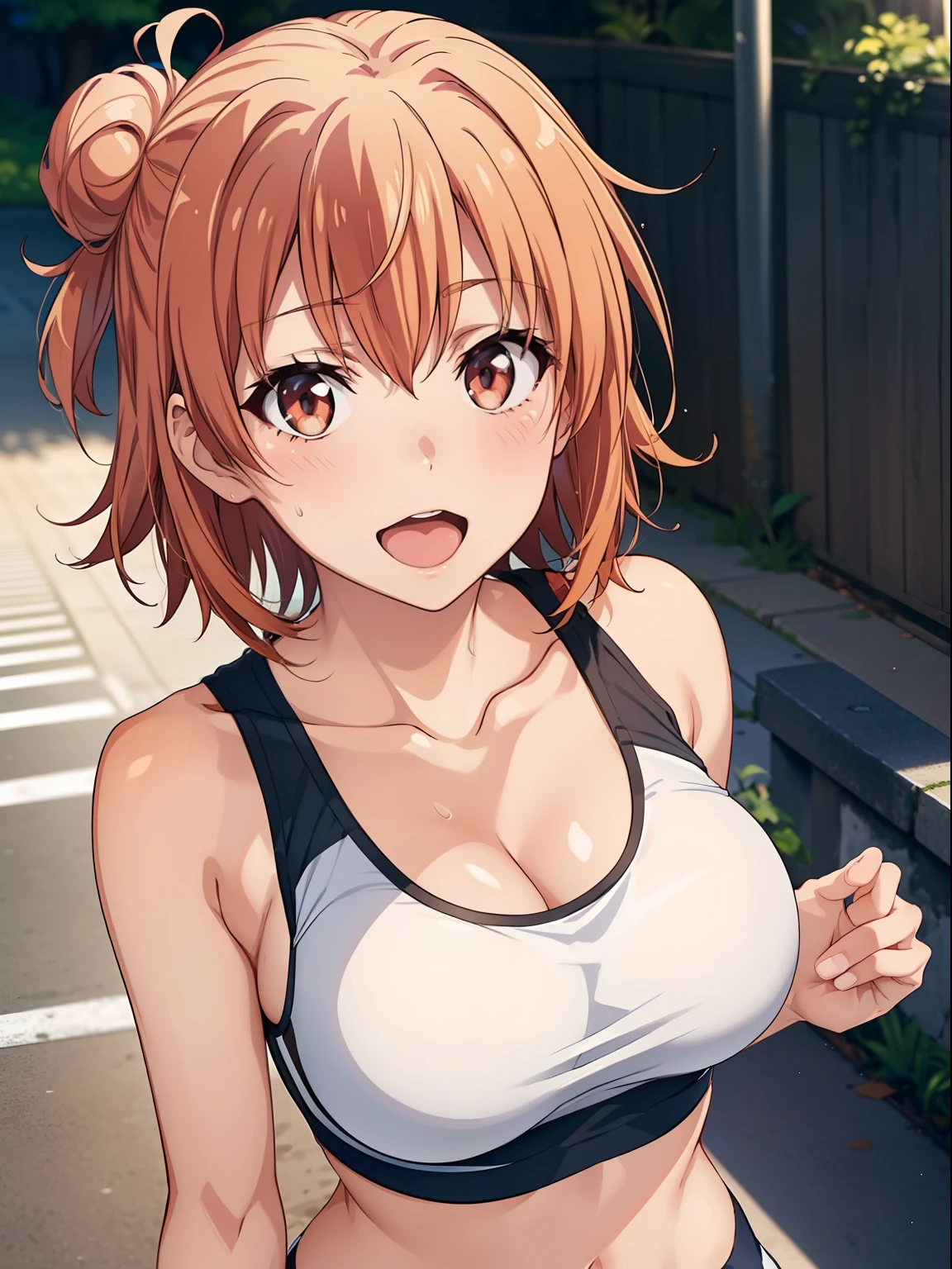 ((masutepiece, Best Quality, hight resolution, nffsw, Perfect Pixel, depth of fields, 4K, )), 1girl in, Solo, Lori, Beautiful anime girl, Beautiful Art Style, 
close up, Looking at Viewer, 
Perfect body,  

Yuigahama Yui, Hair bun, Short hair, large boob, 

Full face blush, Smile, Open mouth, 
White Sports Bra, cleavage, 
Sweat, 

Leading Ahead, Upper Eyes, 
selfee,