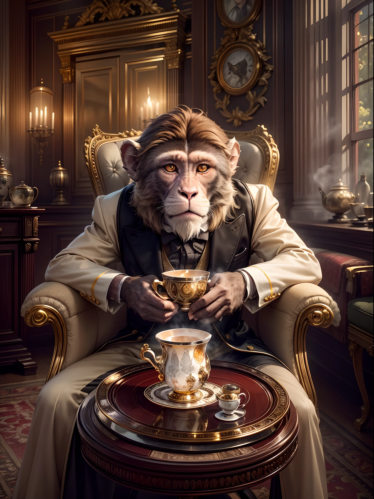 (best quality,4k,8k,highres,masterpiece:1.2),ultra-detailed,(realistic,photorealistic,photo-realistic:1.37),monkey dressed like an English gentleman, sitting on a cushioned chair, wearing a dapper vest,half body, tea table,(( holding a delicate porcelain hot steam cup of tea)), with furry pinky finger slightly raised, in a classic London 1929 backdrop. The monkey eyes are filled with gentle curiosity and intelligence, complimented by long, luxurious whiskers that frame its expressive face. The intricate details of its fur, ranging from soft shades of brown, give the monkey a sense of depth and texture. The surrounding room features antique furniture and elegant wallpaper, transporting us to an opulent era of sophistication and charm. Golden rays of sunlight stream through the exquisite stained-glass windows, casting a warm and inviting glow that illuminates the monkey and its refined surroundings. The color palette exudes a vintage, sepia-toned ambiance, reflecting the nostalgic mood of the 1920s. The overall composition showcases the feline's charisma, capturing its poised and regal demeanor while also highlighting its adorable and endearing qualities.