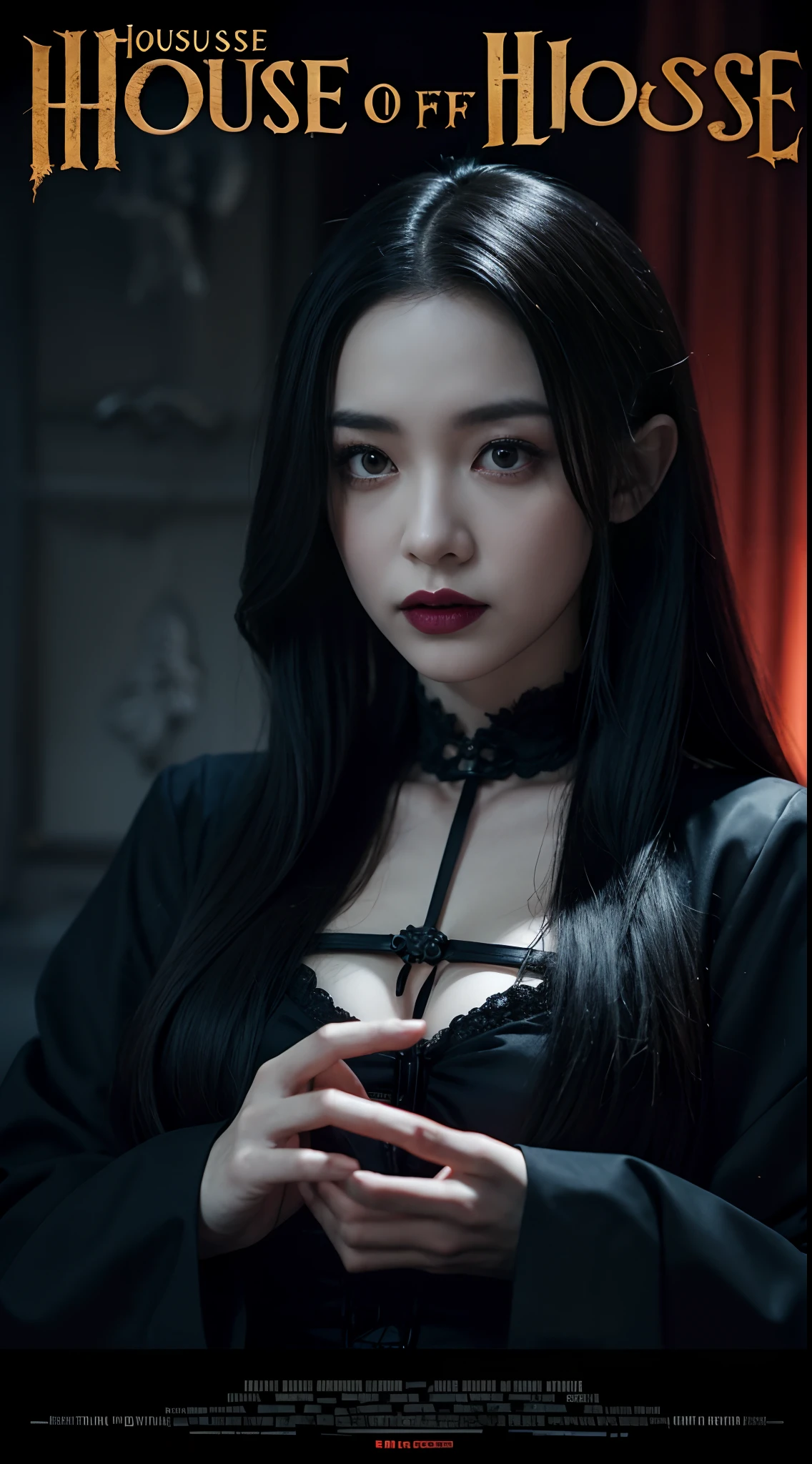 best quality, masterpiece, ultra high res, photorealistic, men,boy, Black hair, red highlights, pale skin, Korean facial features, ulzzang, 23 years old gothic clothing, red eyes.