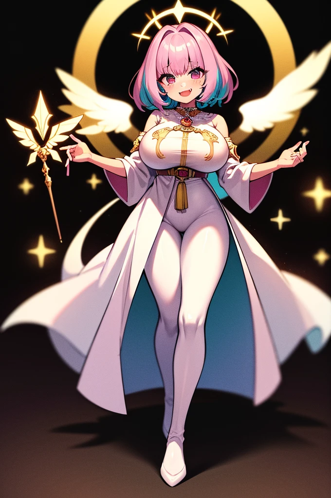 (best quality,masterpiece:1.2),intricate details,beautiful detailed eyes,beautiful detailed lips,extremely detailed eyes and face,longeyelashes,riamu, modeseven,super curvy,comic style,vibrant colors,standing,innocent, full body, standing, smile, princess dress, noble clothing, holy angel magicalgirl, open mouth fang, holy haura, halo, smile, joyfull, paladin, staff holding, full body , boots, standing,cute,breast, curvy, female,fantasy goddess,there is a cartoon picture of a woman with a very large breast, glowing angelic being, glowing holy aura, inspired by Luma Rouge, the non-binary deity of spring, ethereal rainbow nimbus, the butterfly goddess of fire, inspired by Marie Angel, glowing aura around her, astral fairy, as the goddess of the sun, “uwu the prismatic person, big breast, happy, beautiful eyes, , full body, walking, long robe, long dress, ,priestess ,holy, smile, pants, body suit, coat, pantyhose