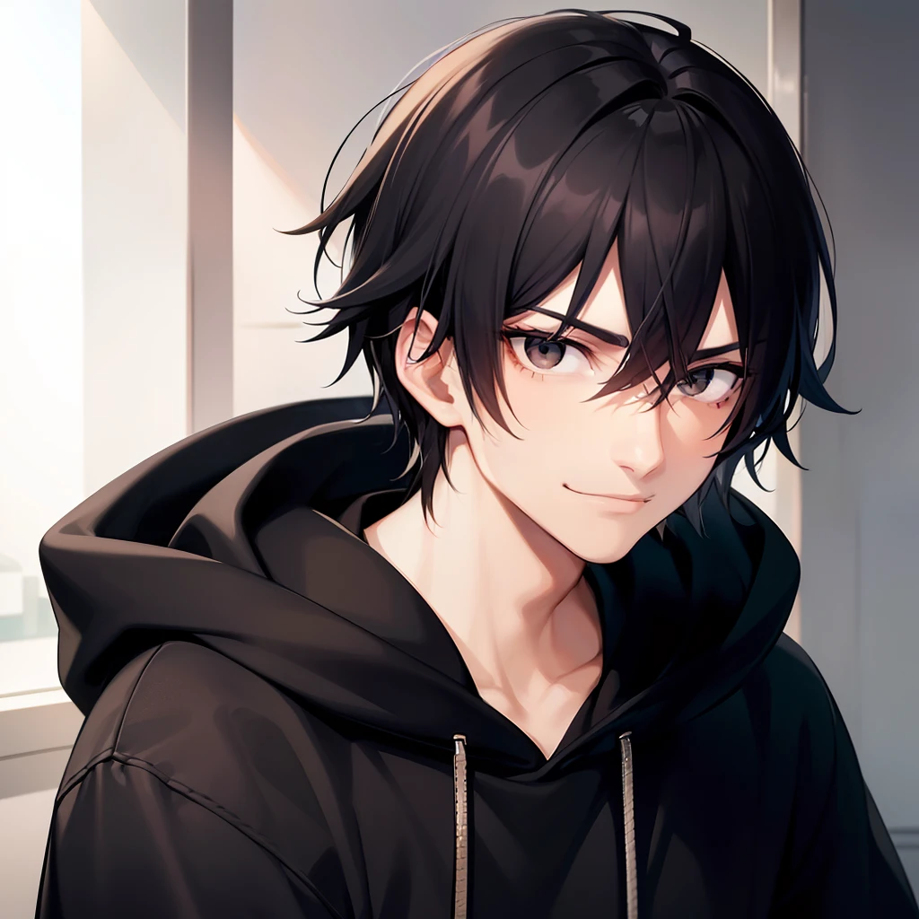 A guy with black hair and black eyes, looking at you with a smirk, wearing a hoodie, human