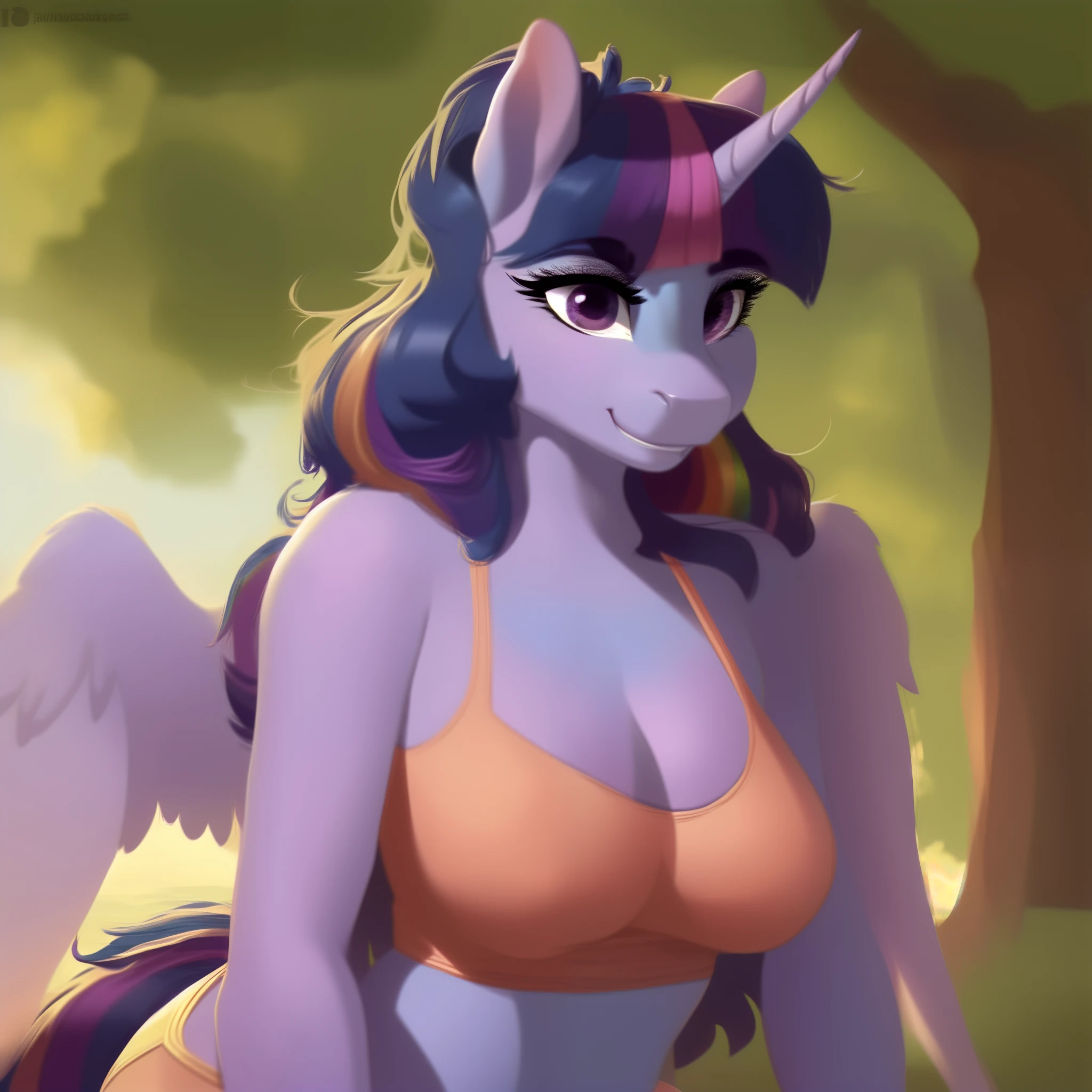 (score_9), (source_pony), (solo), (alicorn), ((anthro rainbow dash fusion twilight sparkle:1.2)), (sexy sports bra), facing you, sitting on a bedroom, sexy, smiling, sensual, long Messy hair, anatomically correct, night garden,big breast, half body, mlp g4 style