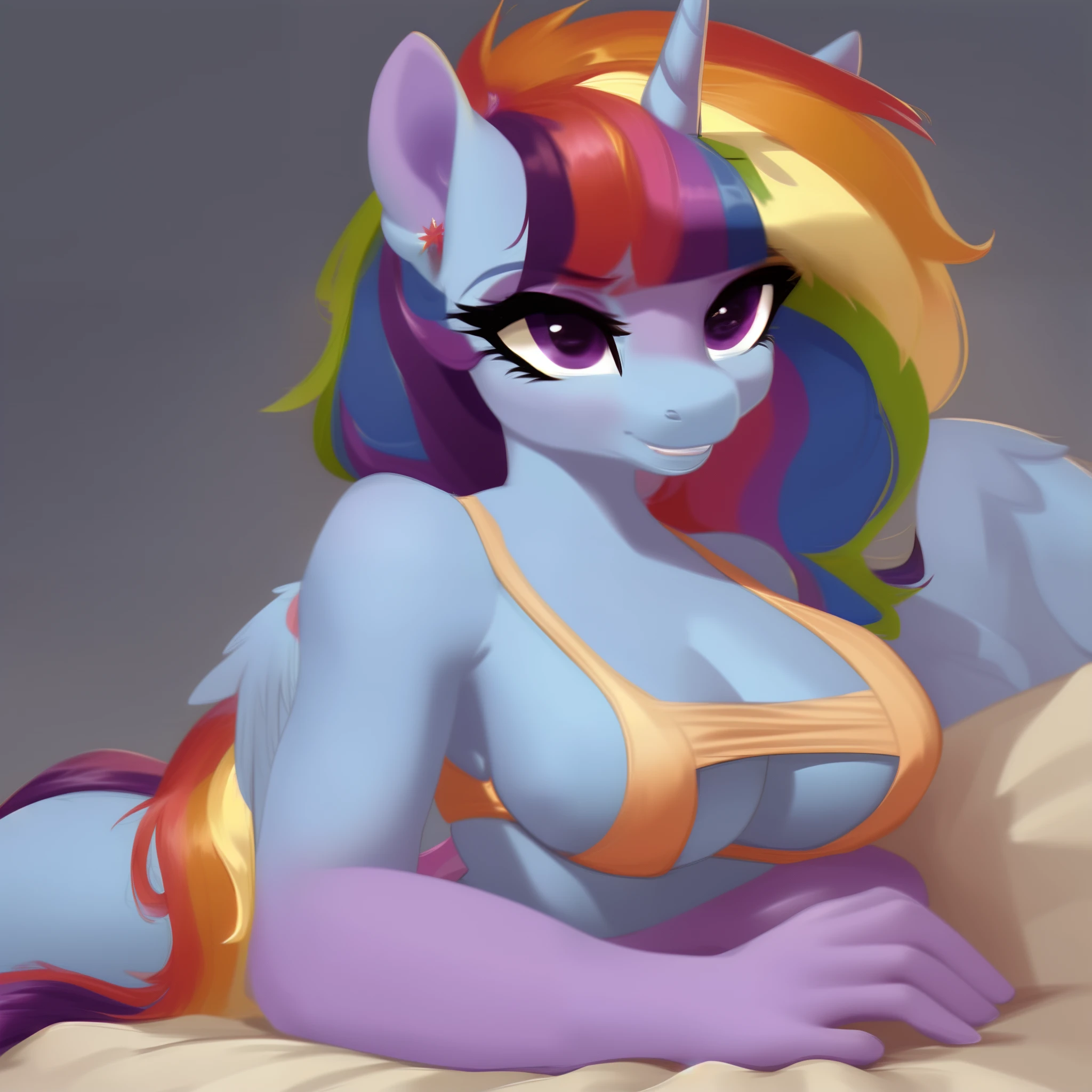 (score_9), (source_pony), (solo), (alicorn), ((anthro rainbow dash fusion twilight sparkle:1.2)), (sexy sports bra), facing you, sitting on a bedroom, sexy, smiling, sensual, long Messy hair, anatomically correct, night garden,big breast, half body, mlp g4 style