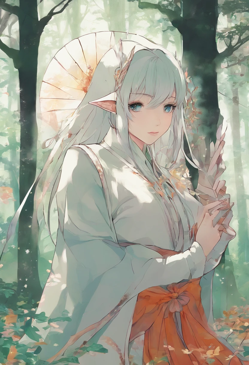 1 The elven girl held out a finger,Point forward,standing on your feet,1 wolf,The background is forest,facing at camera,Faraway view,Long shots