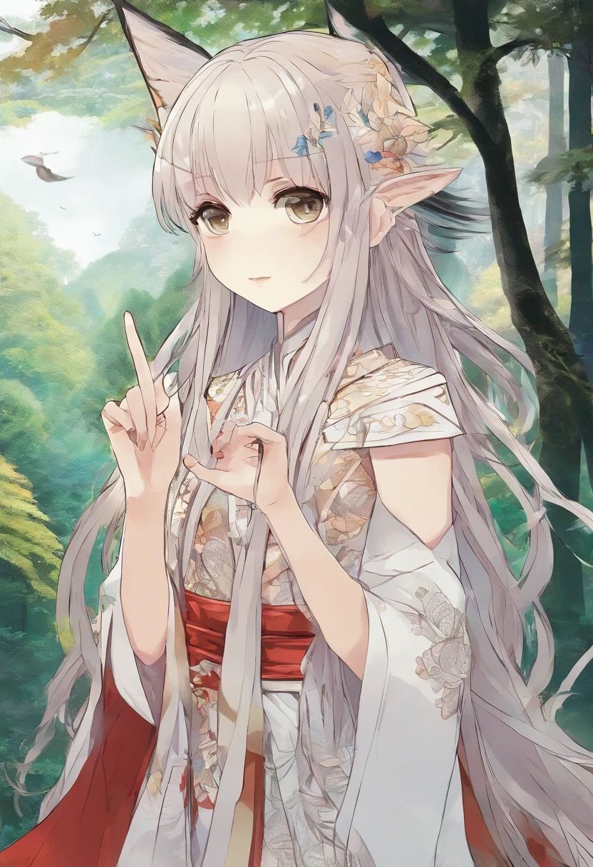 1 The elven girl held out a finger,Point forward,standing on your feet,1 wolf,The background is forest,facing at camera,Faraway view,Long shots