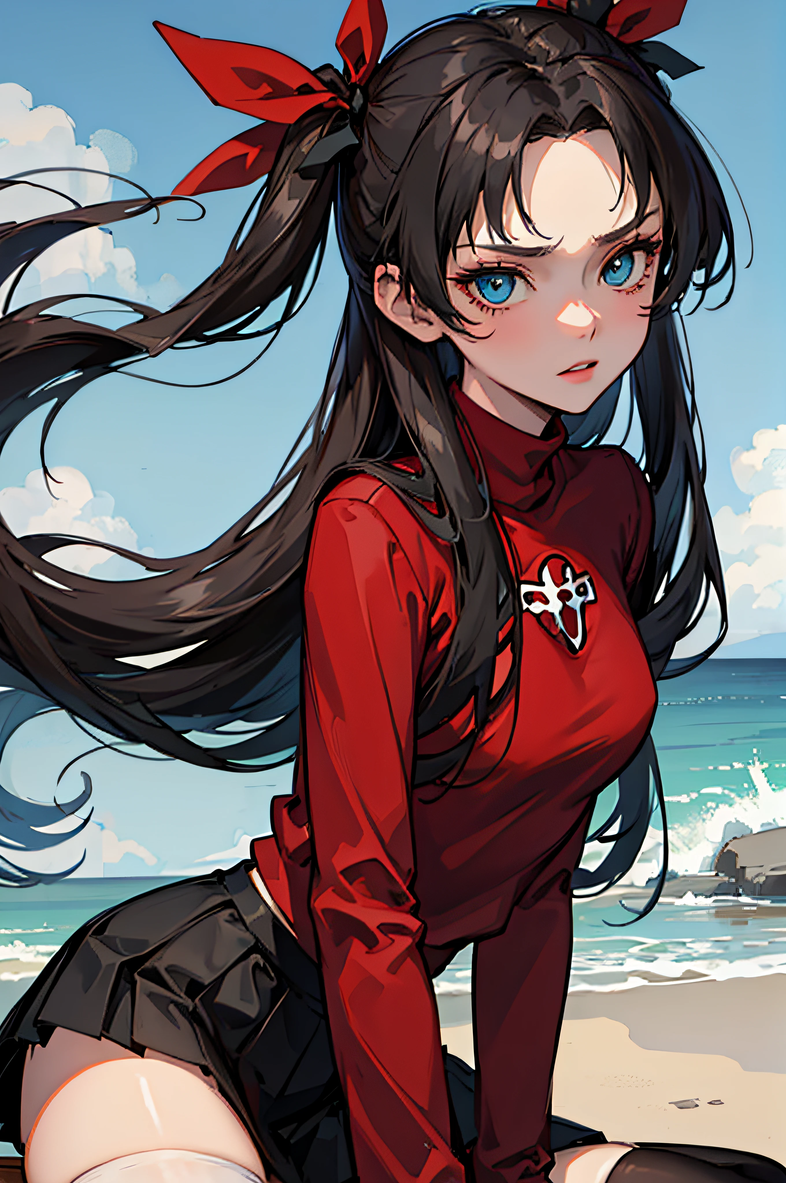 (masterpiece), best quality, expressive eyes, perfect face, 1girl, solo, rintohsaka, rin tohsaka, aqua eyes, black hair, hair ribbon, long hair, ribbon, sidelocks, two side up, black skirt, black thighhighs, long sleeves, miniskirt, pleated skirt, ((red sweater)), skirt, sweater, thighhighs, turtleneck, city background, sitting, character sheet, upper body, portrait, looking at viewer