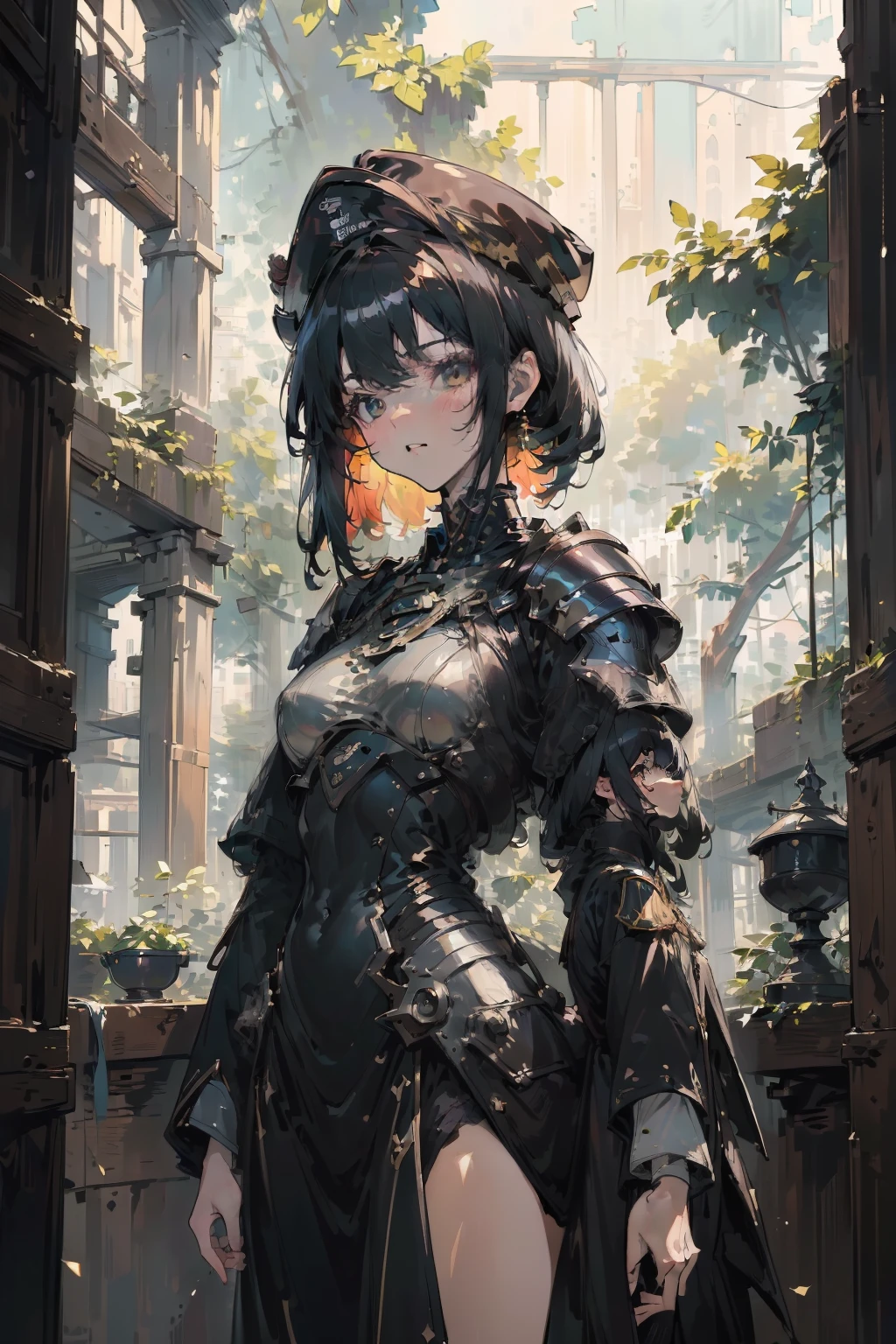 (best quality,4k,highres,ultra-detailed,masterpiece:1.4),(impressionism:1.4), Cool anime Girl, black short hair, black hair, bangs, 21 years old, mature, young, black clothes, black uniform, black cap, military school beauty Heroic and heroic indoor background exquisite and exquisite facial features