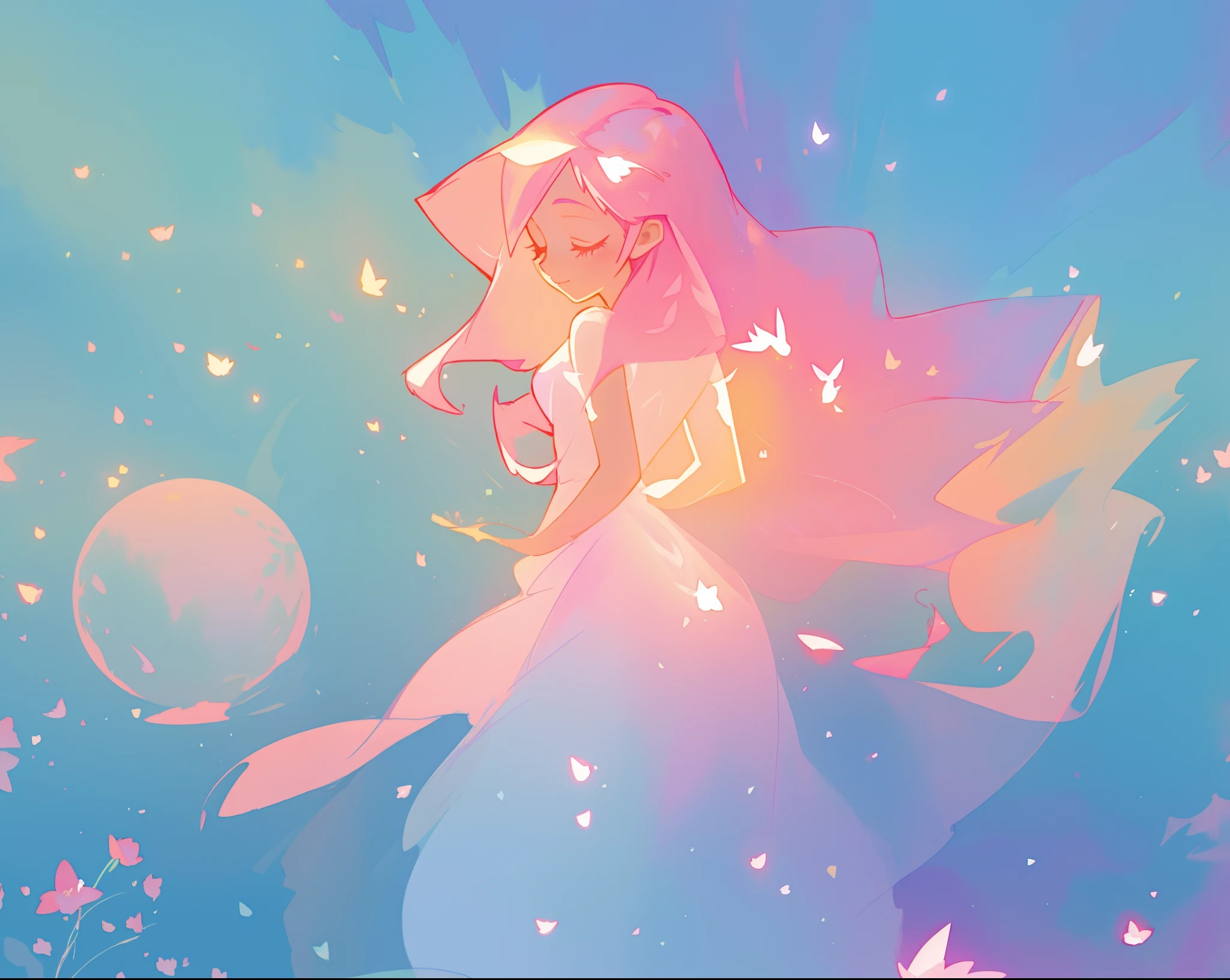 beautiful girl in sparkling flowing dress, long flowing pink hair, colorful fantasia background, watercolor illustration, disney art style, glowing aura around her, glowing lights, beautiful digital illustration, fantasia otherworldly landscape plants flowers, beautiful, masterpiece, best quality, anime disney style